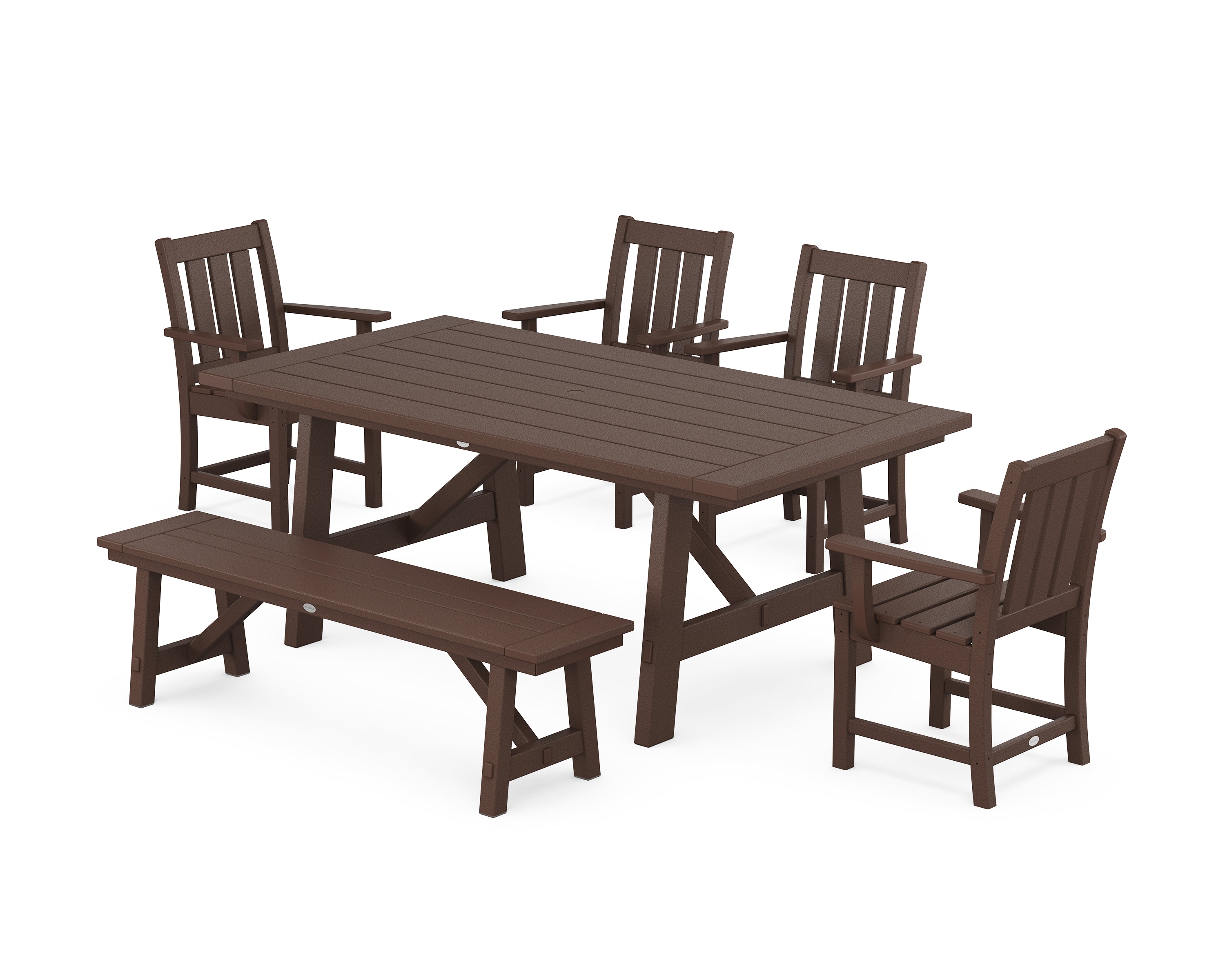 POLYWOOD Oxford 6-Piece Rustic Farmhouse Dining Set with Bench in Mahogany