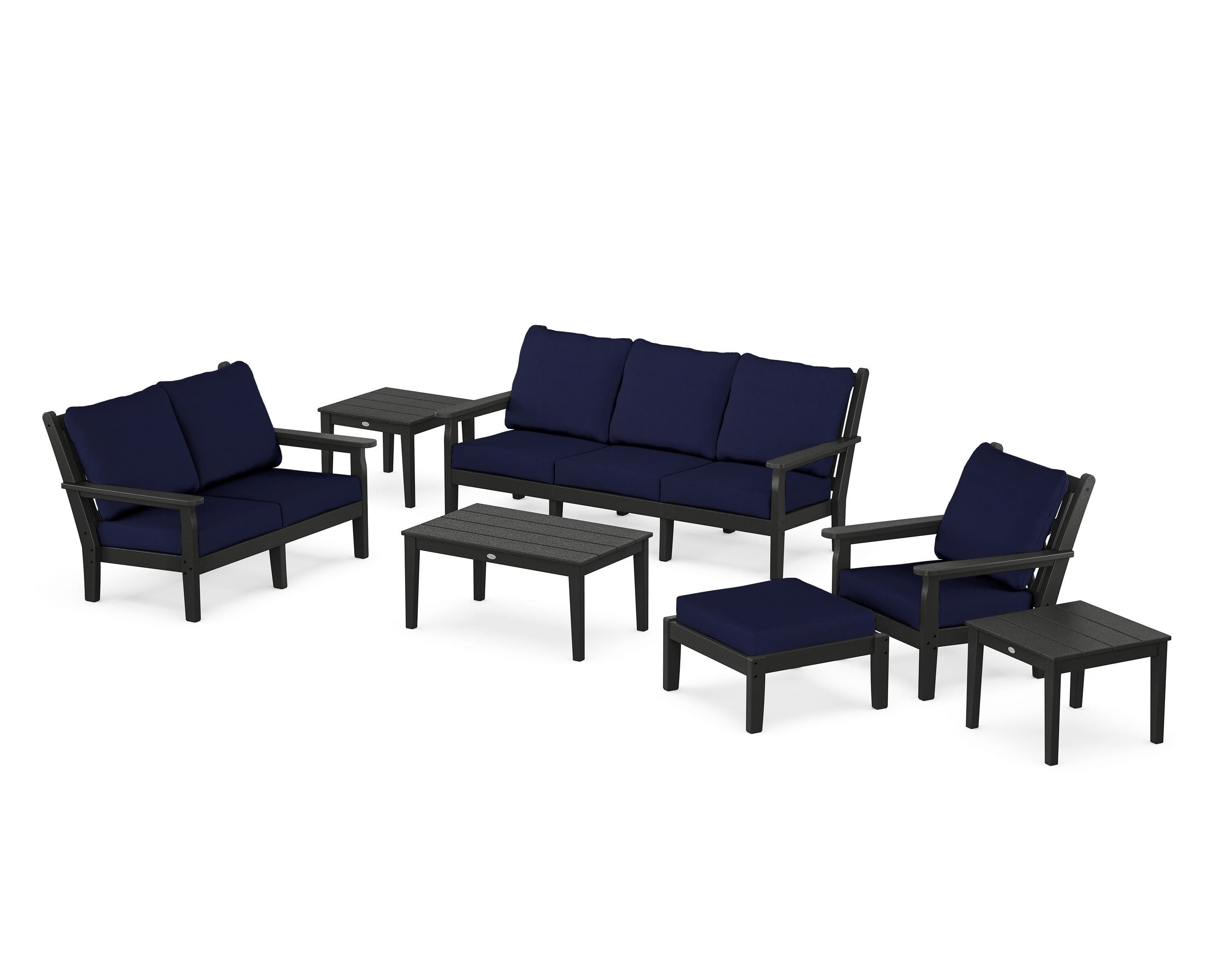 POLYWOOD Chippendale 7-Piece Deep Seating Set in Black / Navy