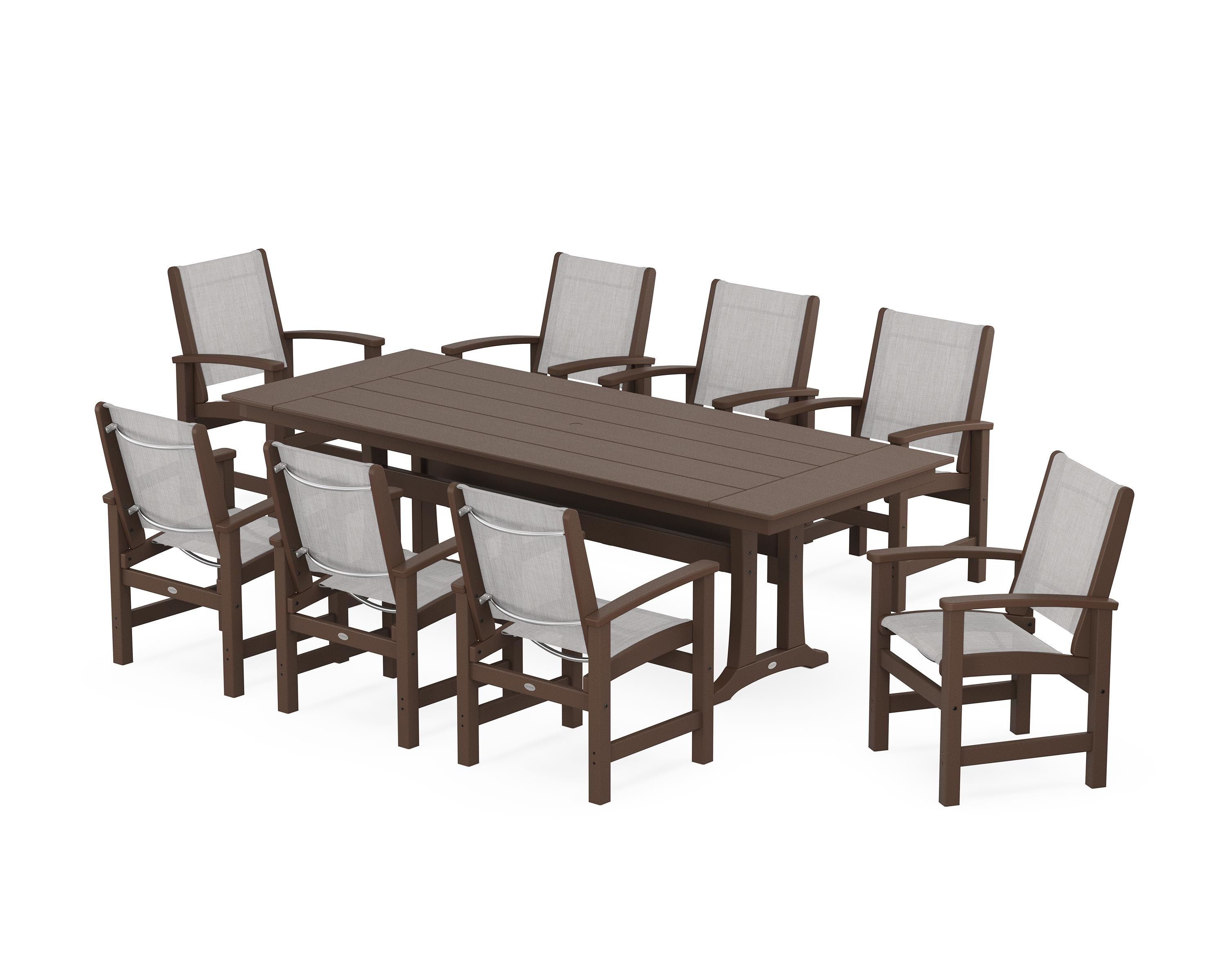 POLYWOOD Coastal 9-Piece Farmhouse Dining Set with Trestle Legs in Mahogany / Parchment Sling
