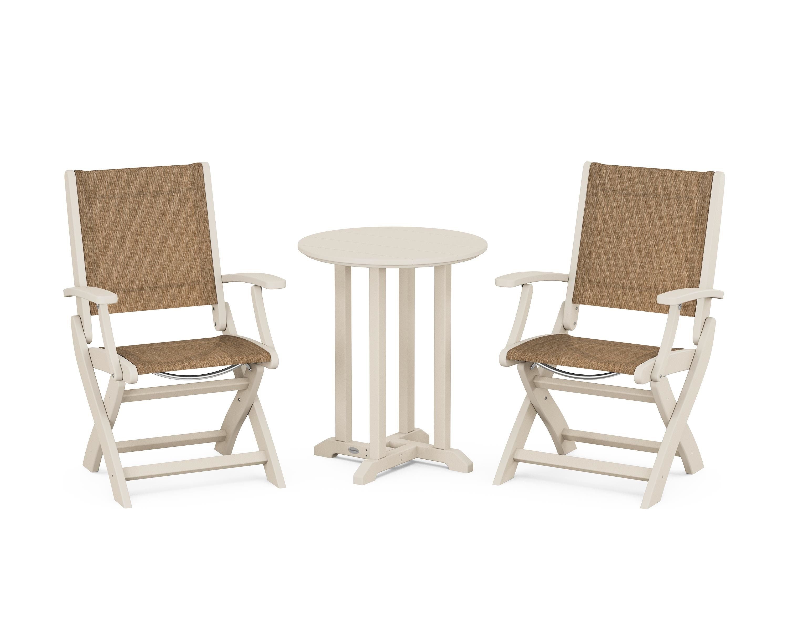 POLYWOOD Coastal Folding 3-Piece Round Bistro Dining Set in Sand / Burlap Sling