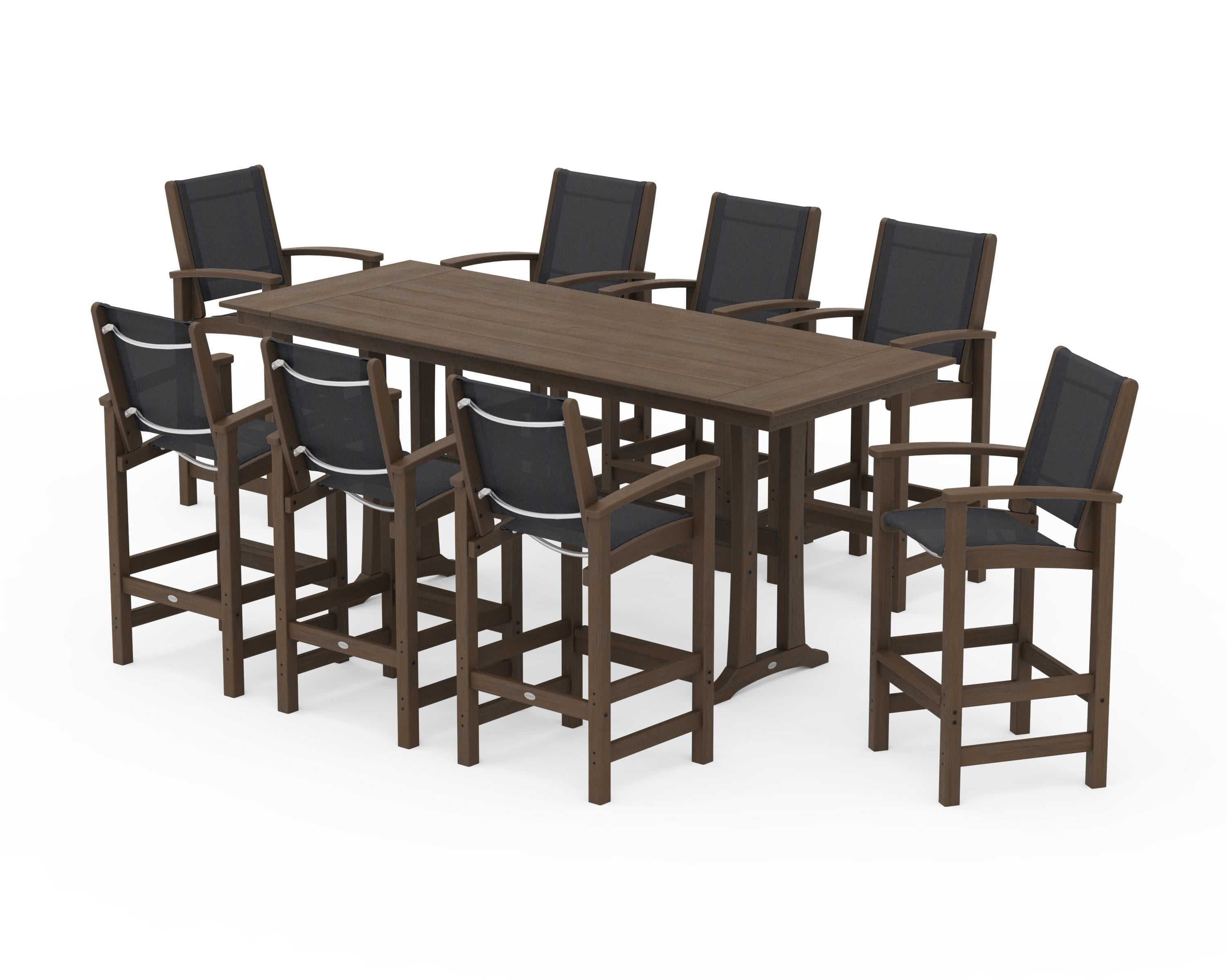 POLYWOOD Coastal 9-Piece Farmhouse Bar Set with Trestle Legs in Kona / Black Sling