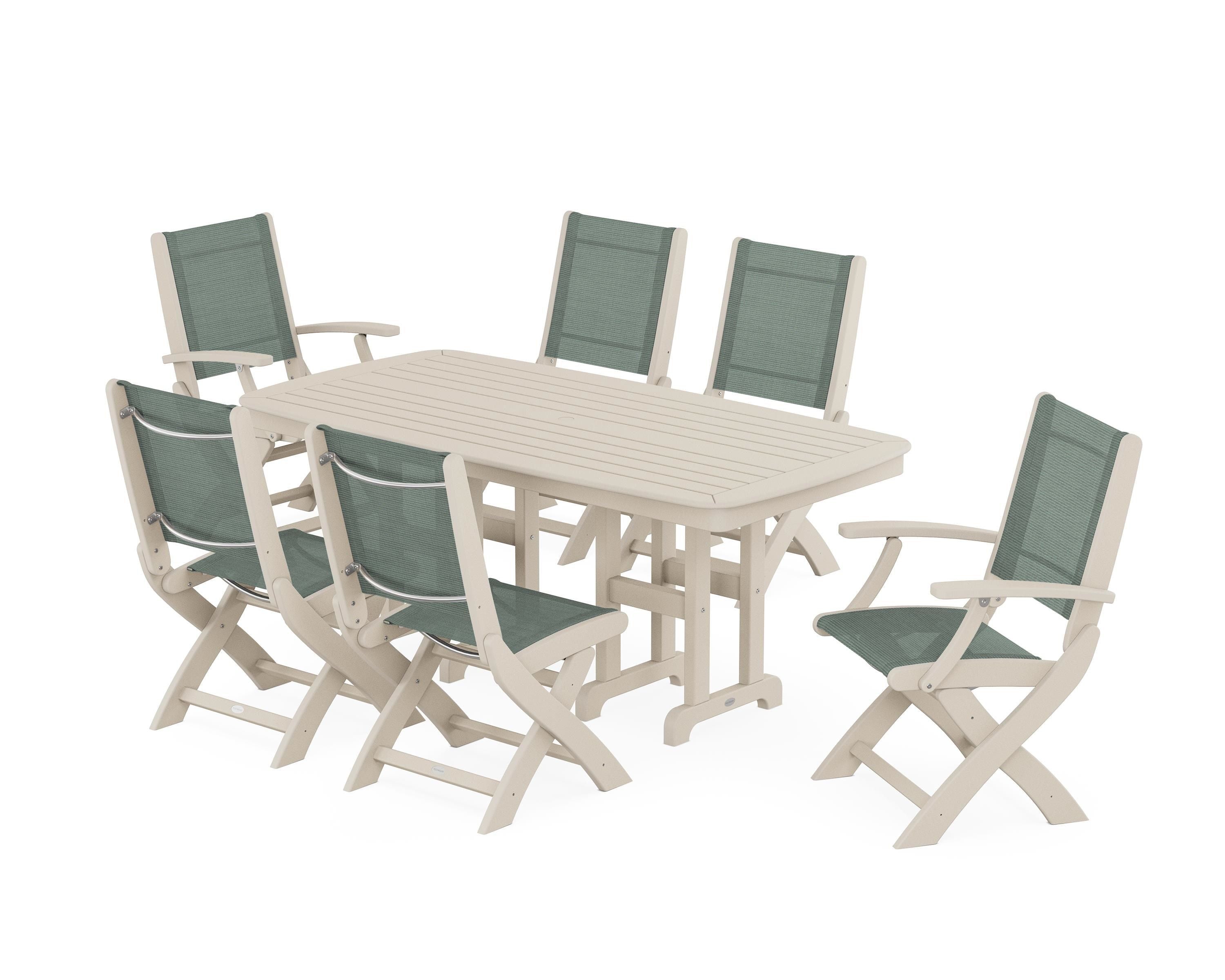 POLYWOOD Coastal Folding Chair 7-Piece Dining Set in Sand / Dupioni Sea Mist Sling