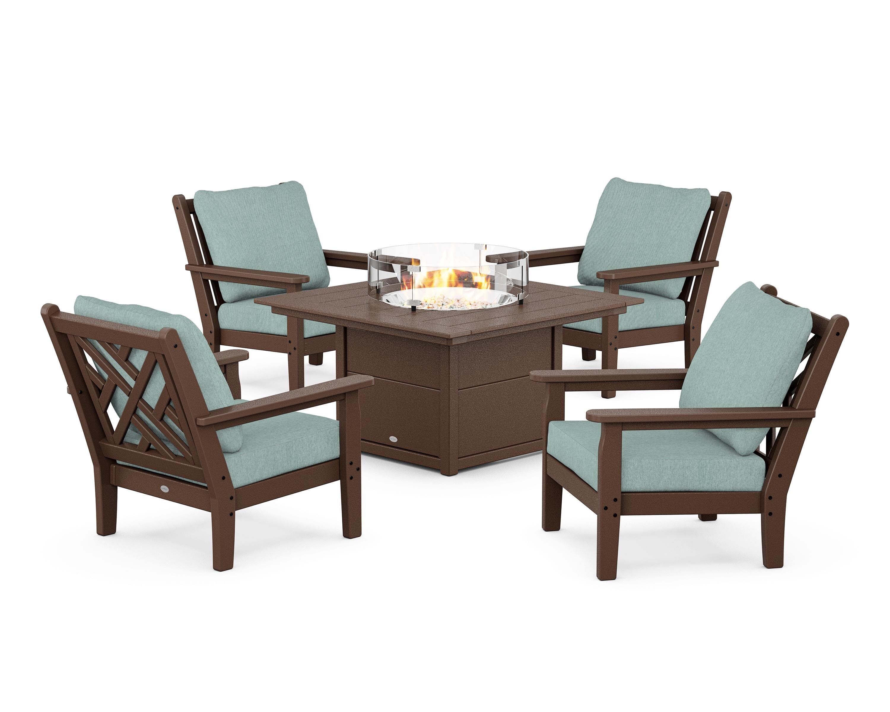 POLYWOOD Chippendale 5-Piece Deep Seating Set with Fire Pit Table in Mahogany / Glacier Spa