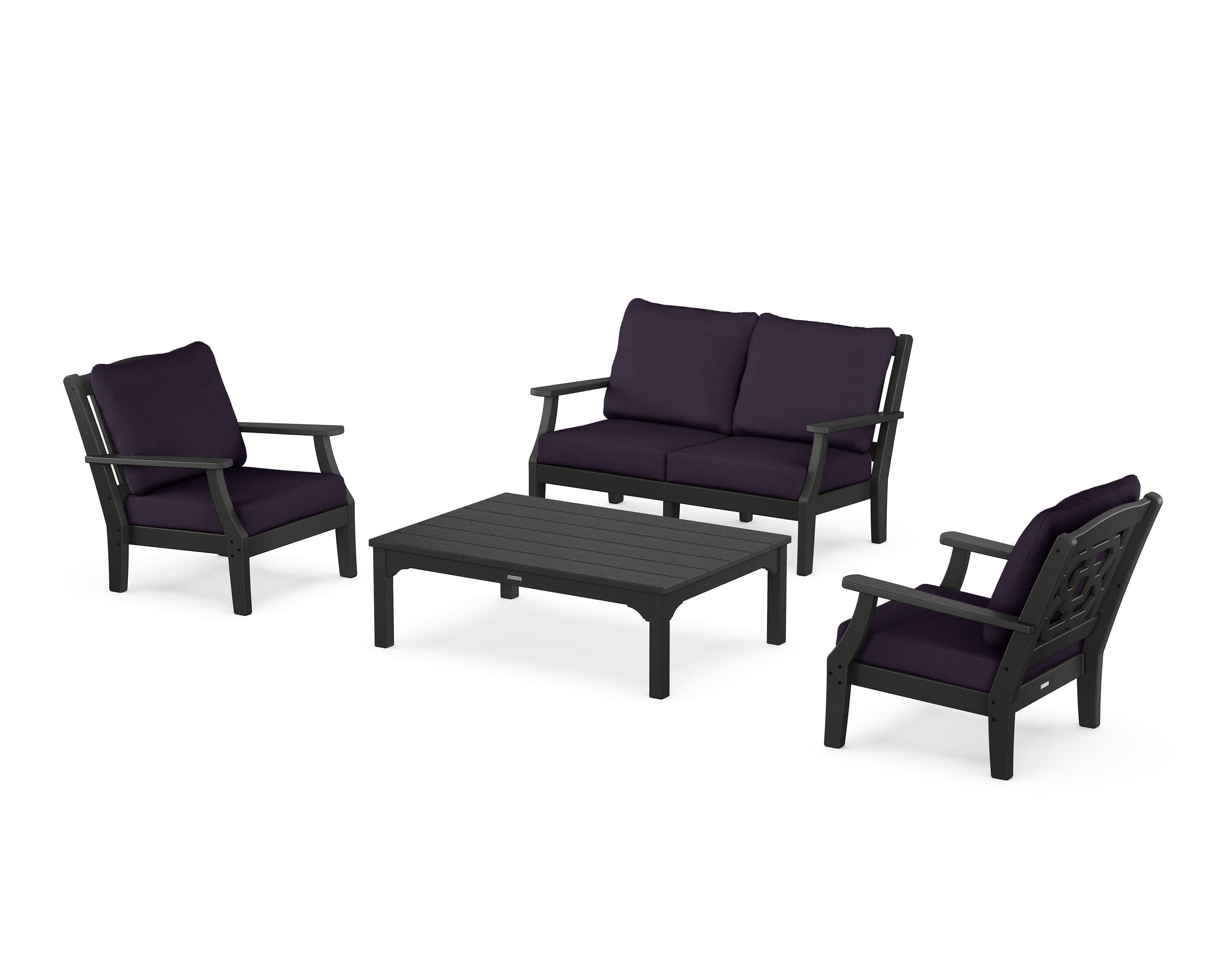 Martha Stewart by POLYWOOD Chinoiserie 4-Piece Deep Seating Set with Loveseat in Black / Navy Linen