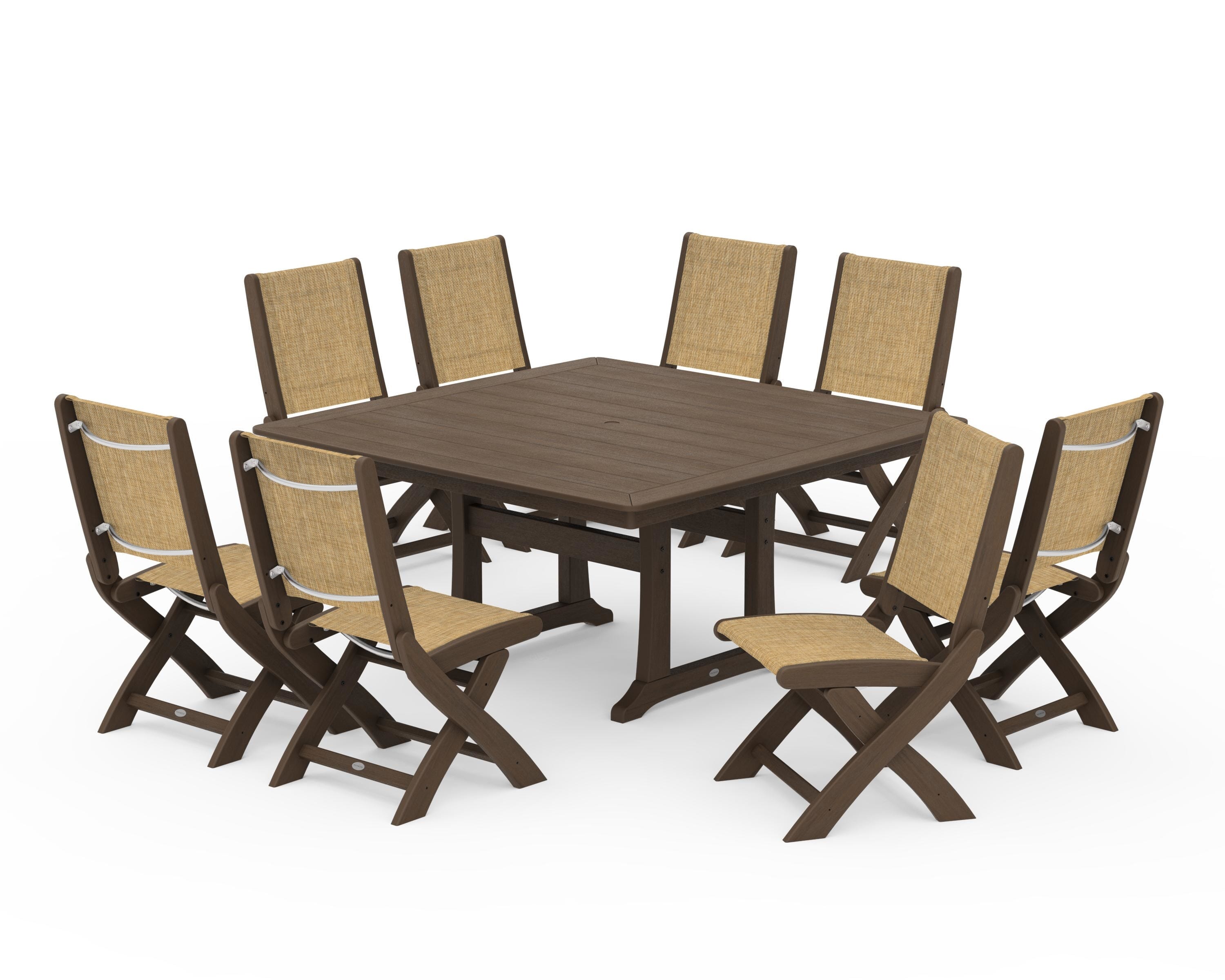POLYWOOD Coastal Folding Side Chair 9-Piece Dining Set with Trestle Legs in Kona / Burlap Sling