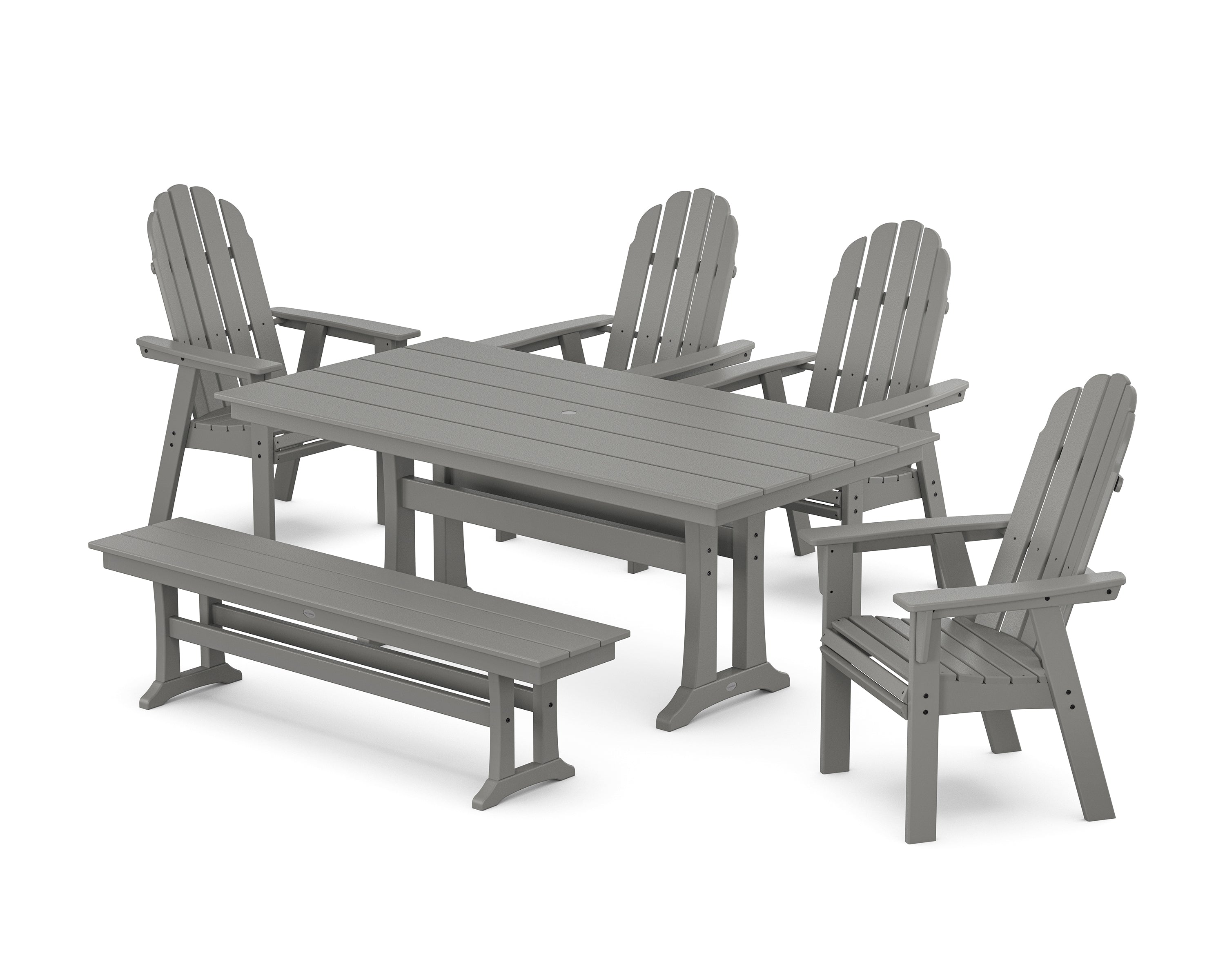 POLYWOOD Vineyard Curveback Adirondack Chair 6-Piece Farmhouse Dining Set with Trestle Legs and Bench in Slate Grey
