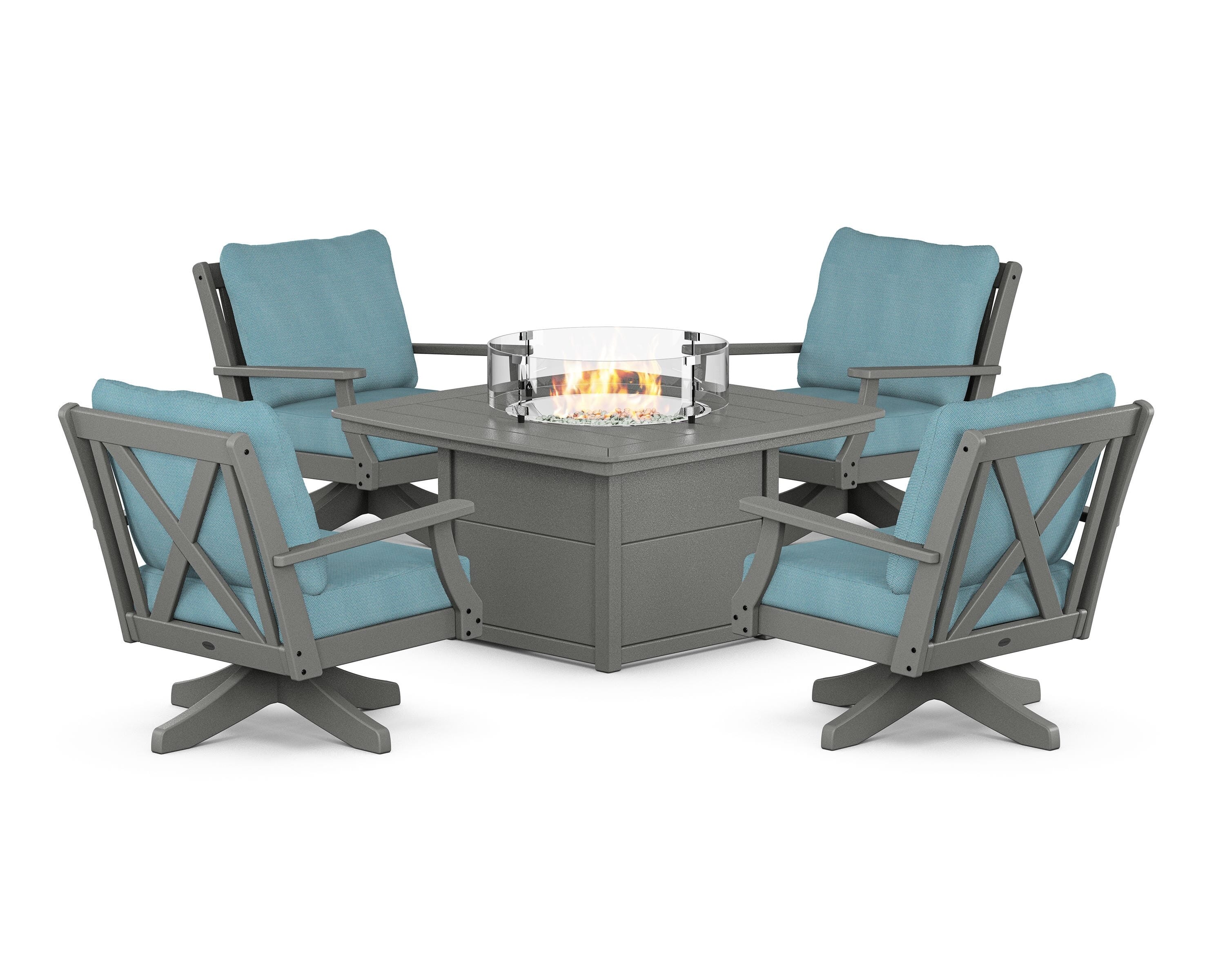 POLYWOOD Braxton 5-Piece Deep Seating Swivel Conversation Set with Fire Pit Table in Slate Grey / Lattice Sky Blue