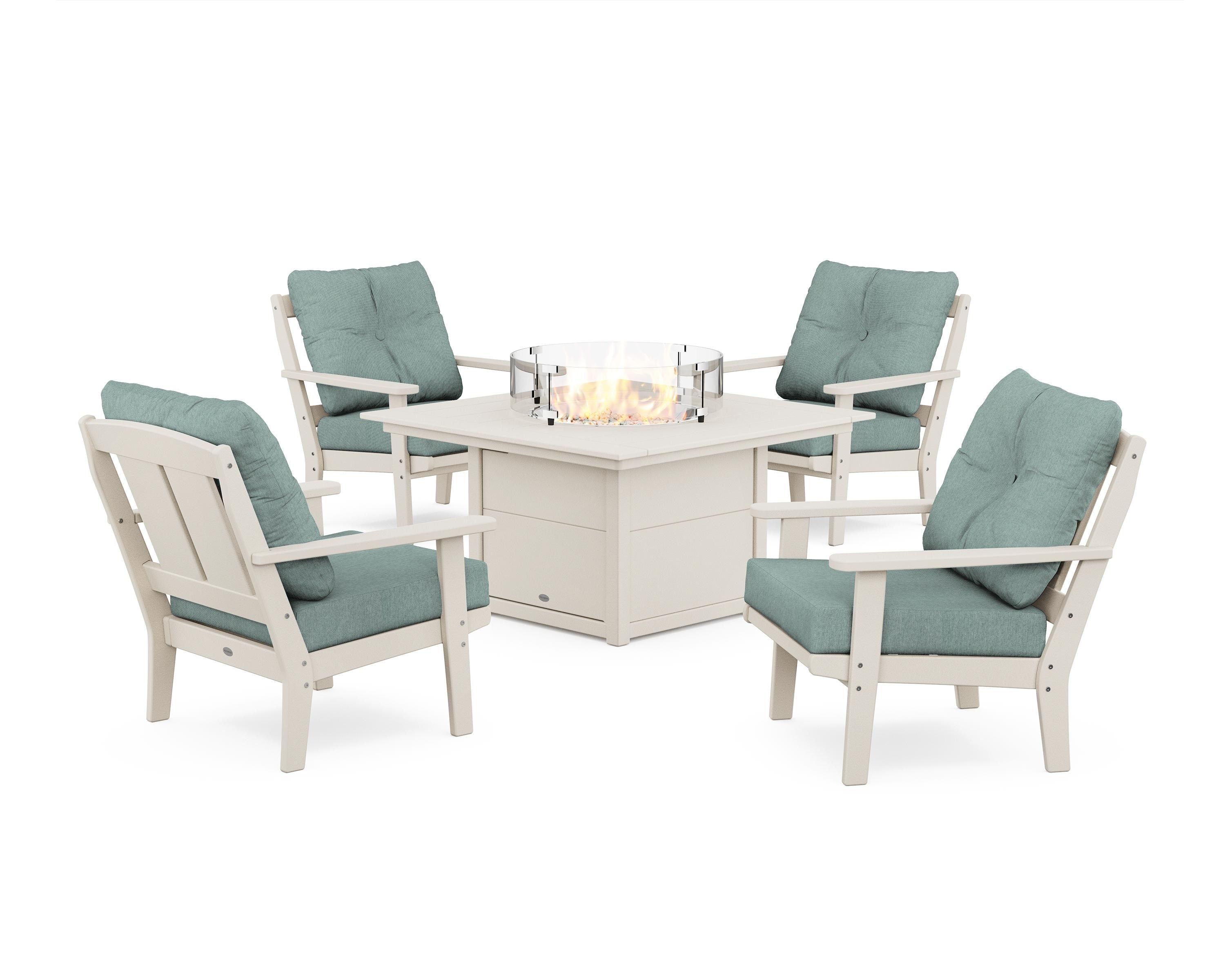 POLYWOOD Mission 5-Piece Deep Seating Set with Fire Pit Table in Sand / Glacier Spa