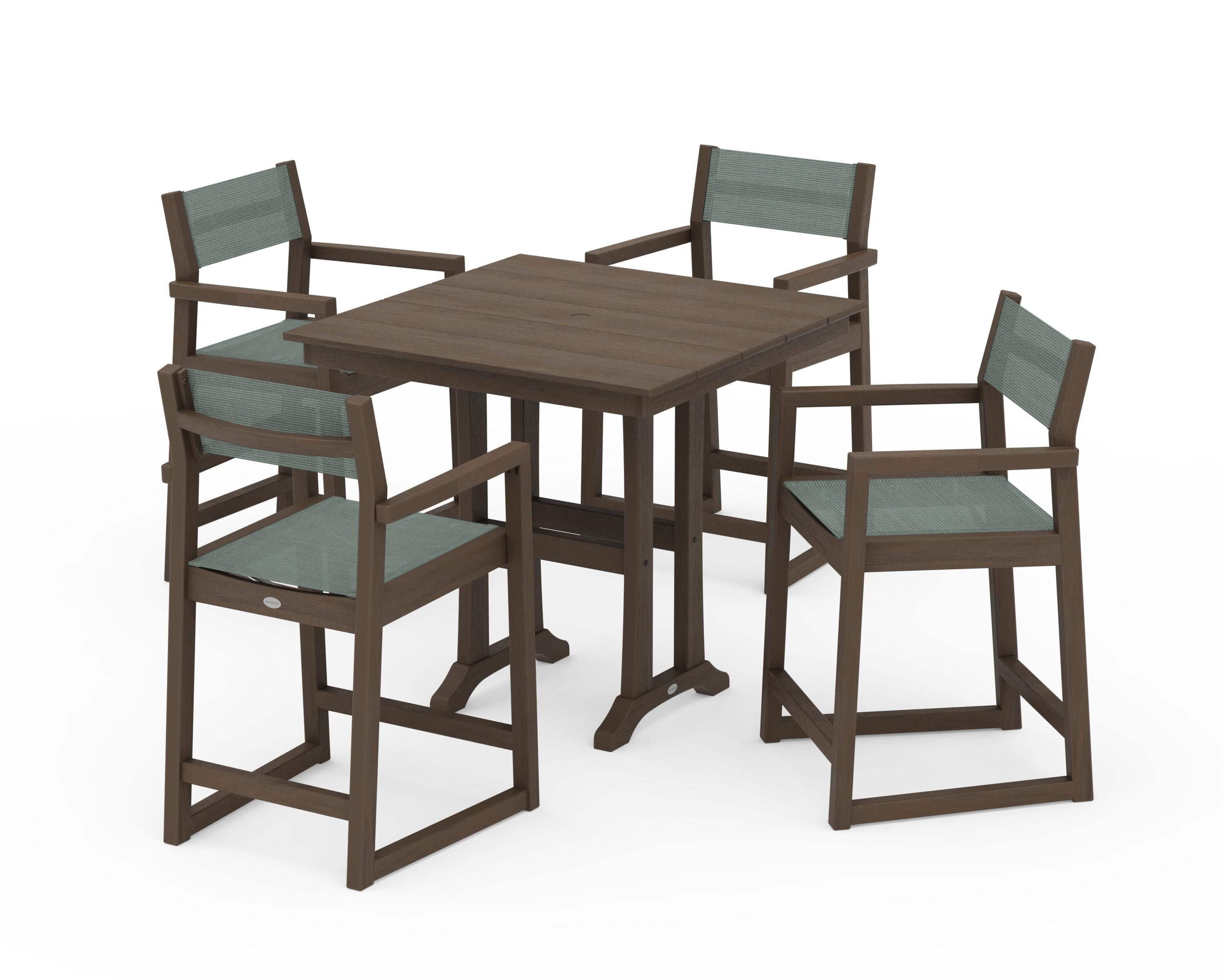 POLYWOOD EDGE Sling Arm Chair 5-Piece Farmhouse Counter Set with Trestle Legs in Kona / Dupioni Sea Mist Sling