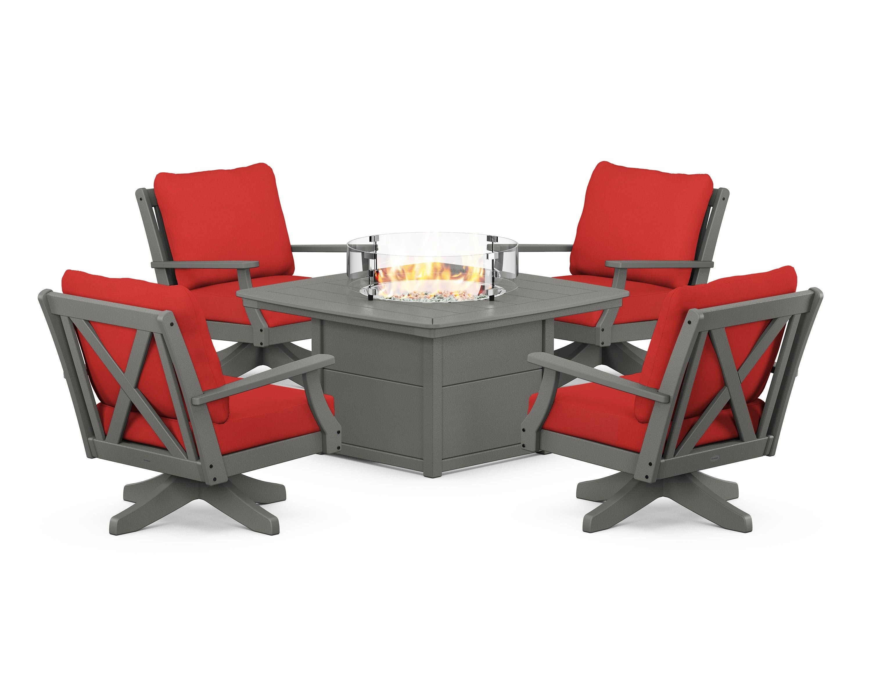 POLYWOOD Braxton 5-Piece Deep Seating Swivel Conversation Set with Fire Pit Table in Slate Grey / Crimson Linen