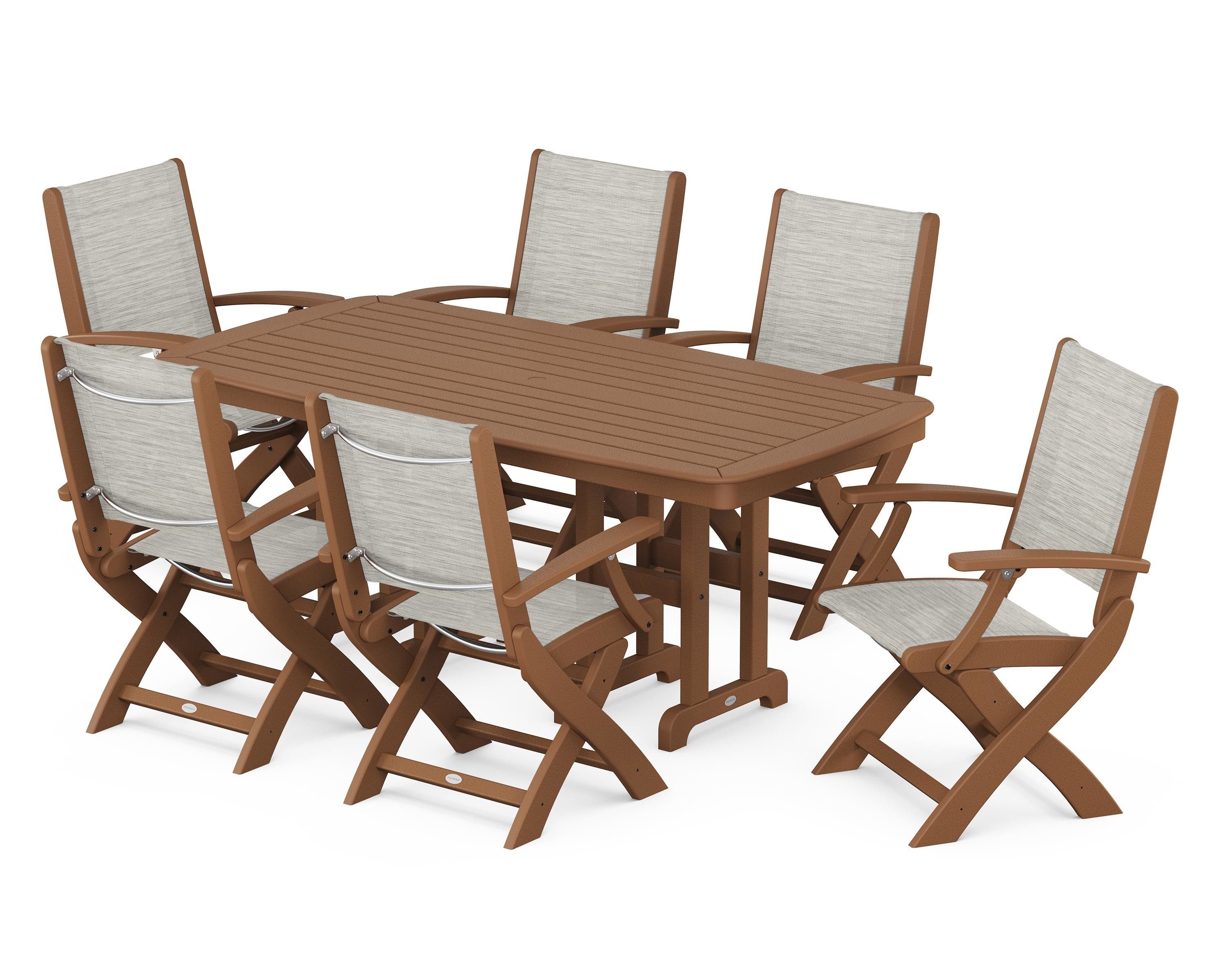 POLYWOOD Coastal Folding Arm Chair 7-Piece Dining Set in Teak / Birch Sling