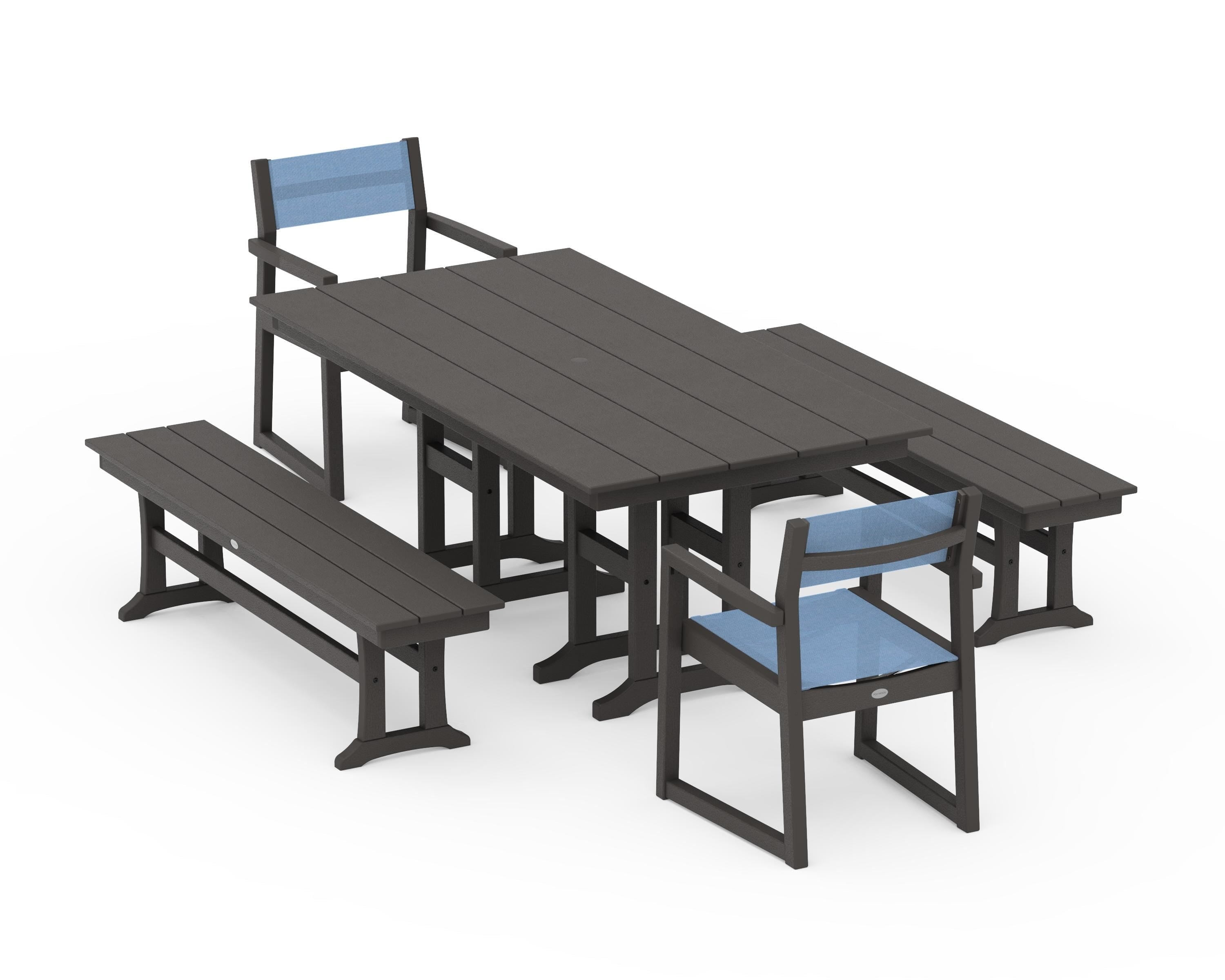 POLYWOOD EDGE Sling Arm Chair 5-Piece Farmhouse Dining Set with Benches in Vintage Coffee / Poolside Sling