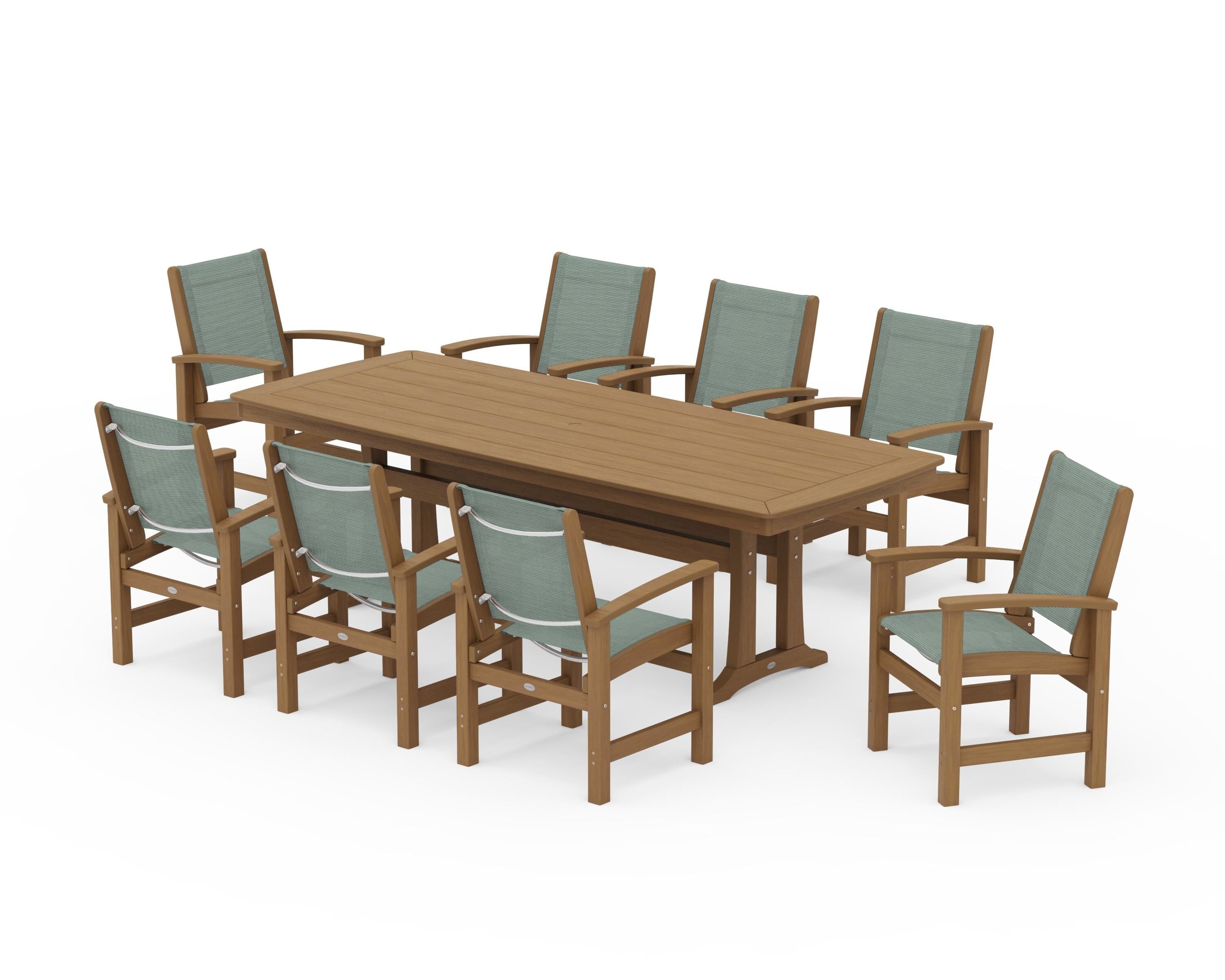 POLYWOOD Coastal 9-Piece Dining Set with Trestle Legs in Natural / Dupioni Sea Mist Sling