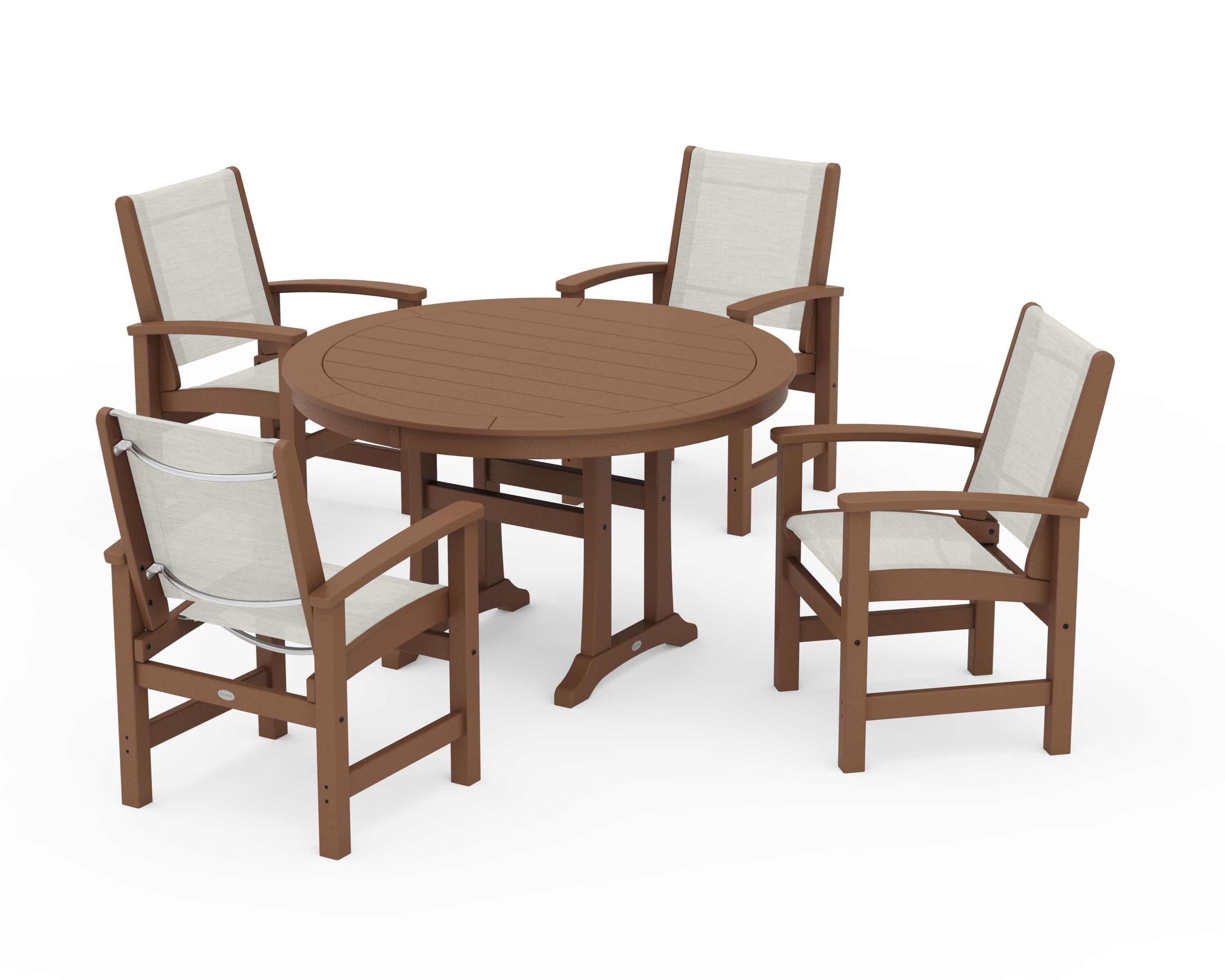 POLYWOOD Coastal 5-Piece Round Dining Set with Trestle Legs in Teak / Parchment Sling