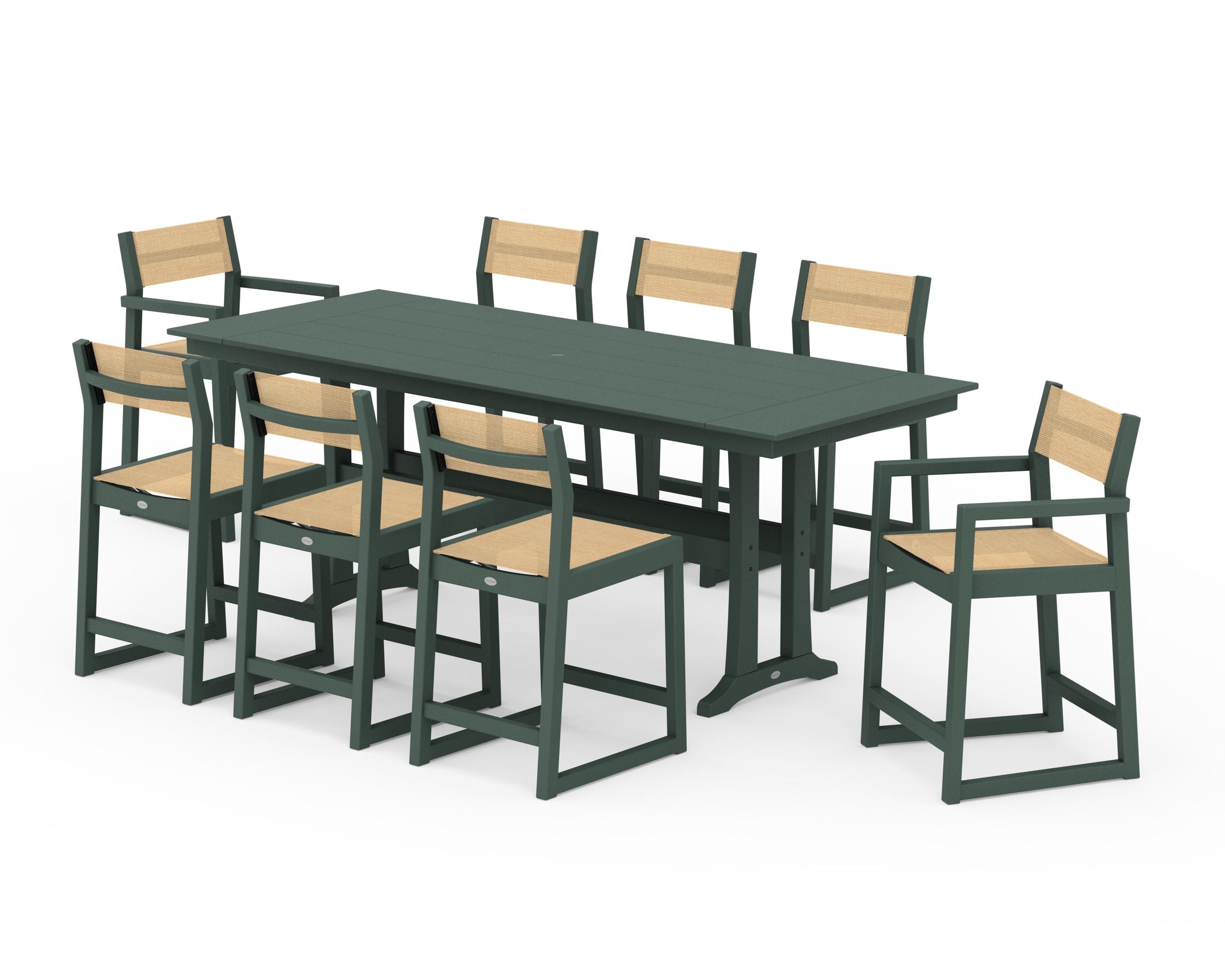 POLYWOOD EDGE Sling 9-Piece Farmhouse Counter Set with Trestle Legs in Green / Dupioni Apricot Sling