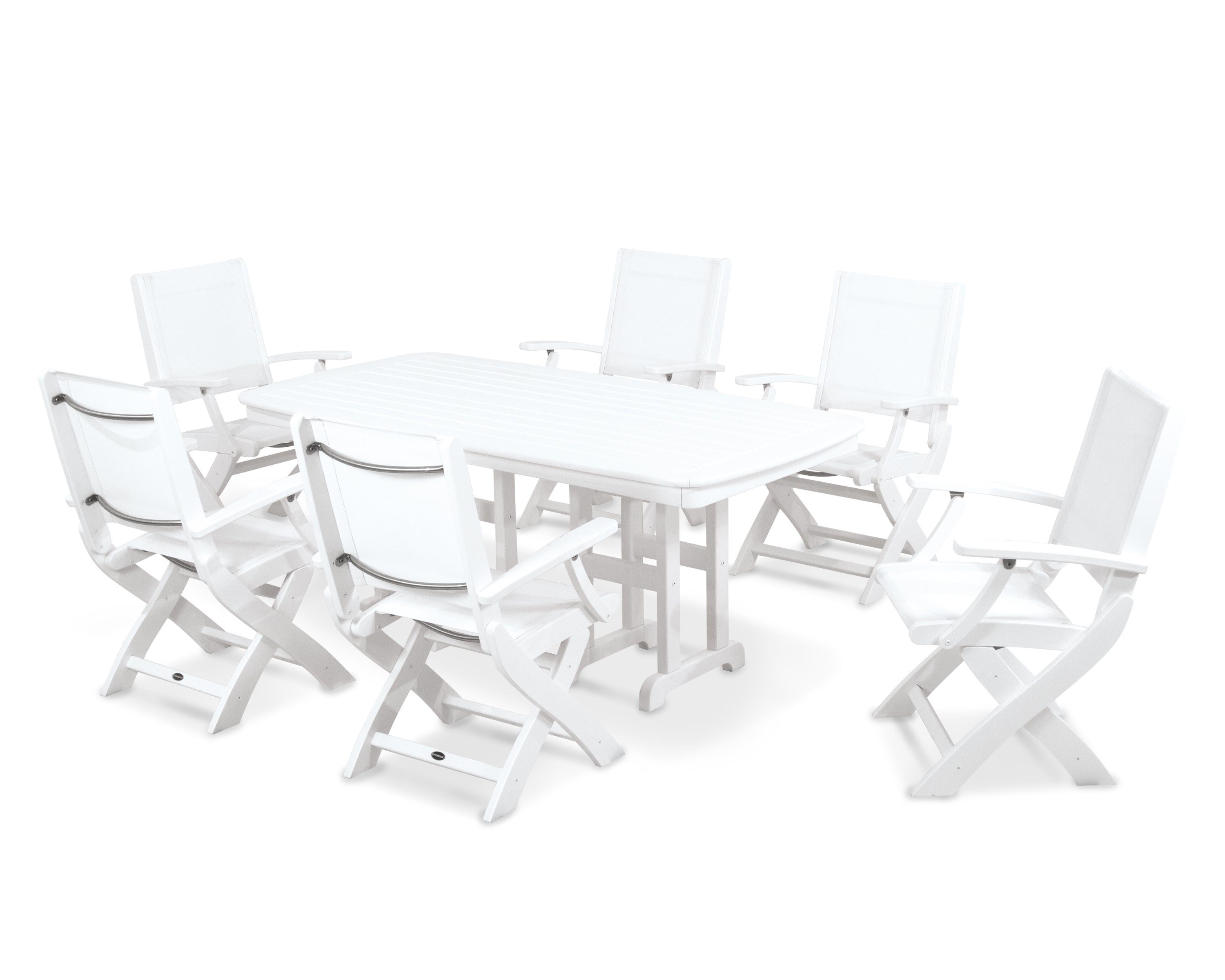 POLYWOOD Coastal Folding Arm Chair 7-Piece Dining Set in White / White Sling