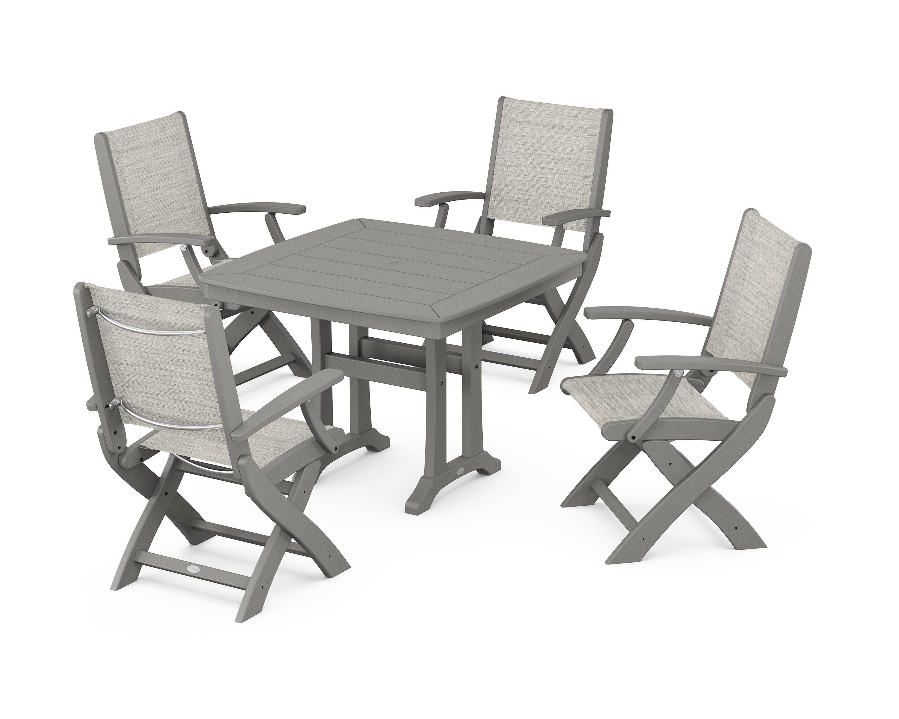 POLYWOOD Coastal Folding Chair 5-Piece Dining Set with Trestle Legs in Slate Grey / Birch Sling
