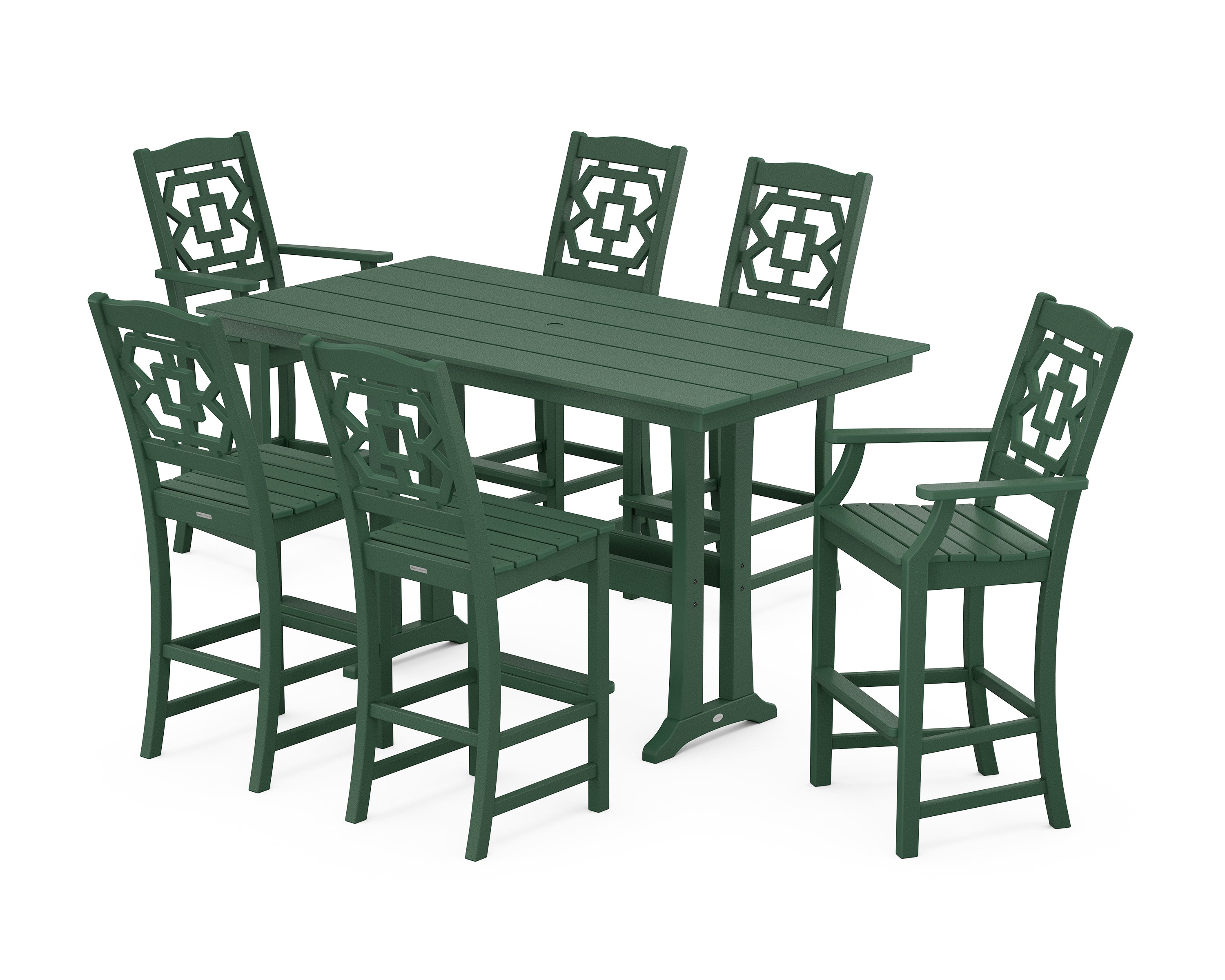 Martha Stewart by POLYWOOD Chinoiserie 7-Piece Farmhouse Bar Set with Trestle Legs in Green