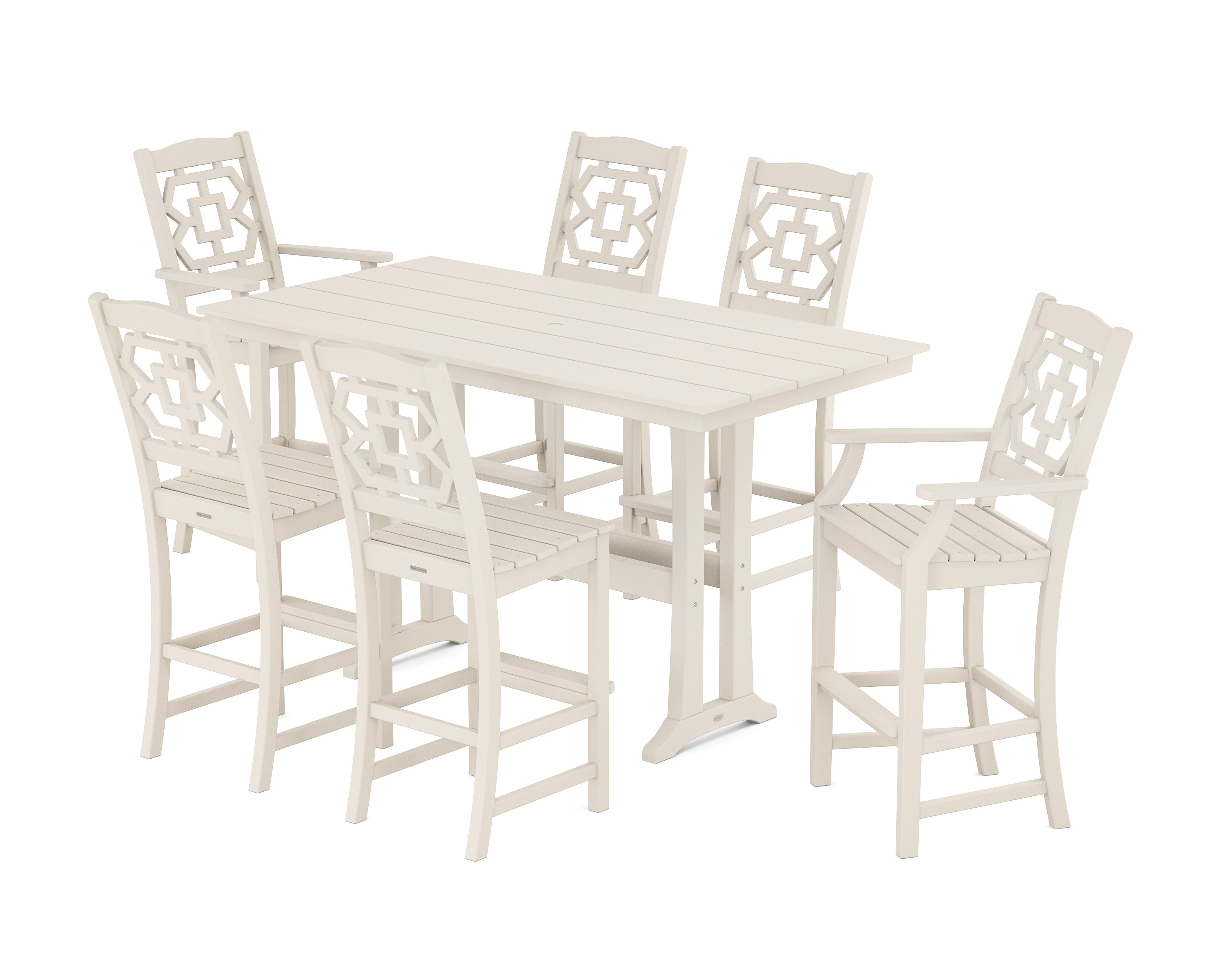 Martha Stewart by POLYWOOD Chinoiserie 7-Piece Farmhouse Bar Set with Trestle Legs in Sand