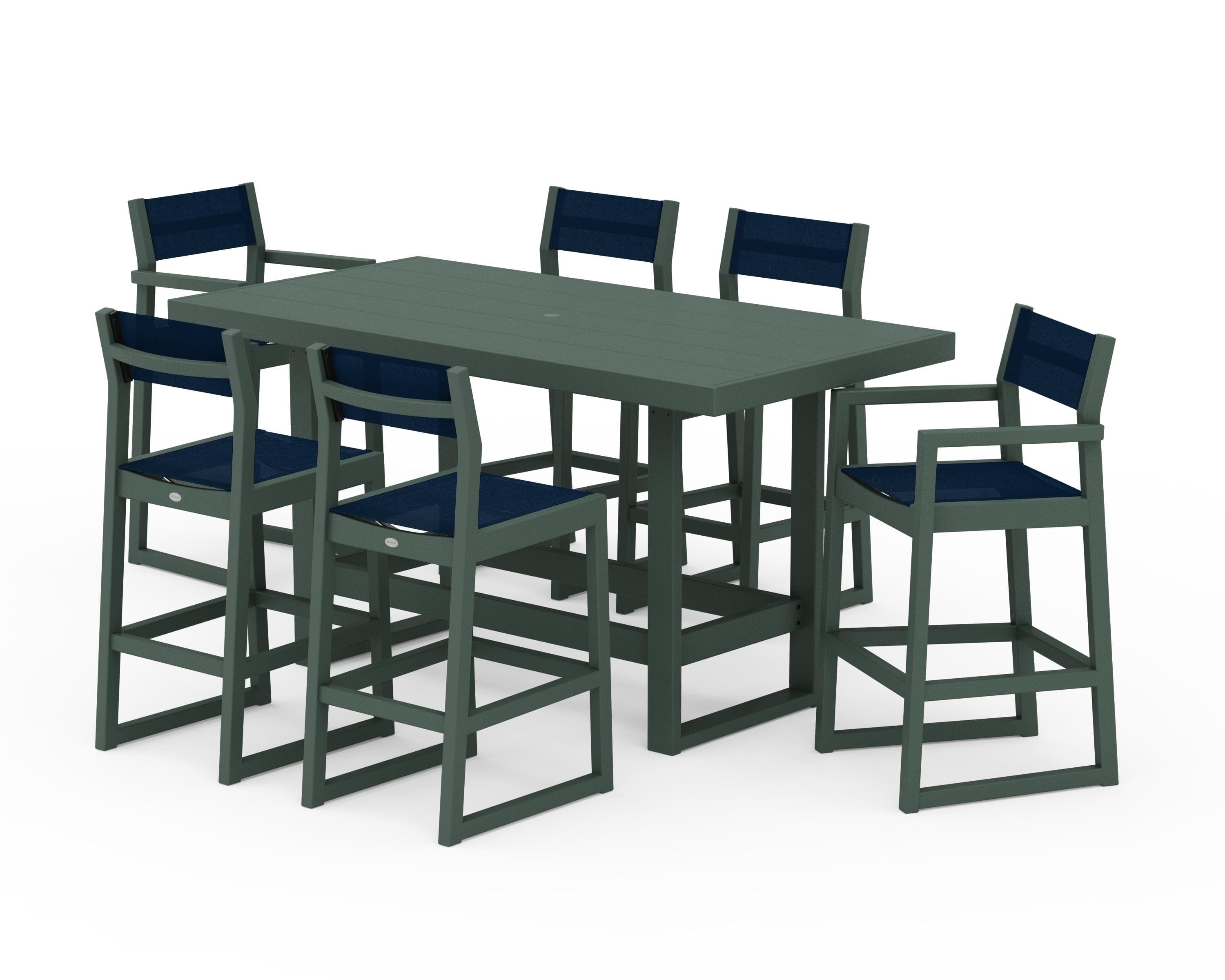 POLYWOOD EDGE Sling 7-Piece Bar Table Set in Green / Navy Blue Sling