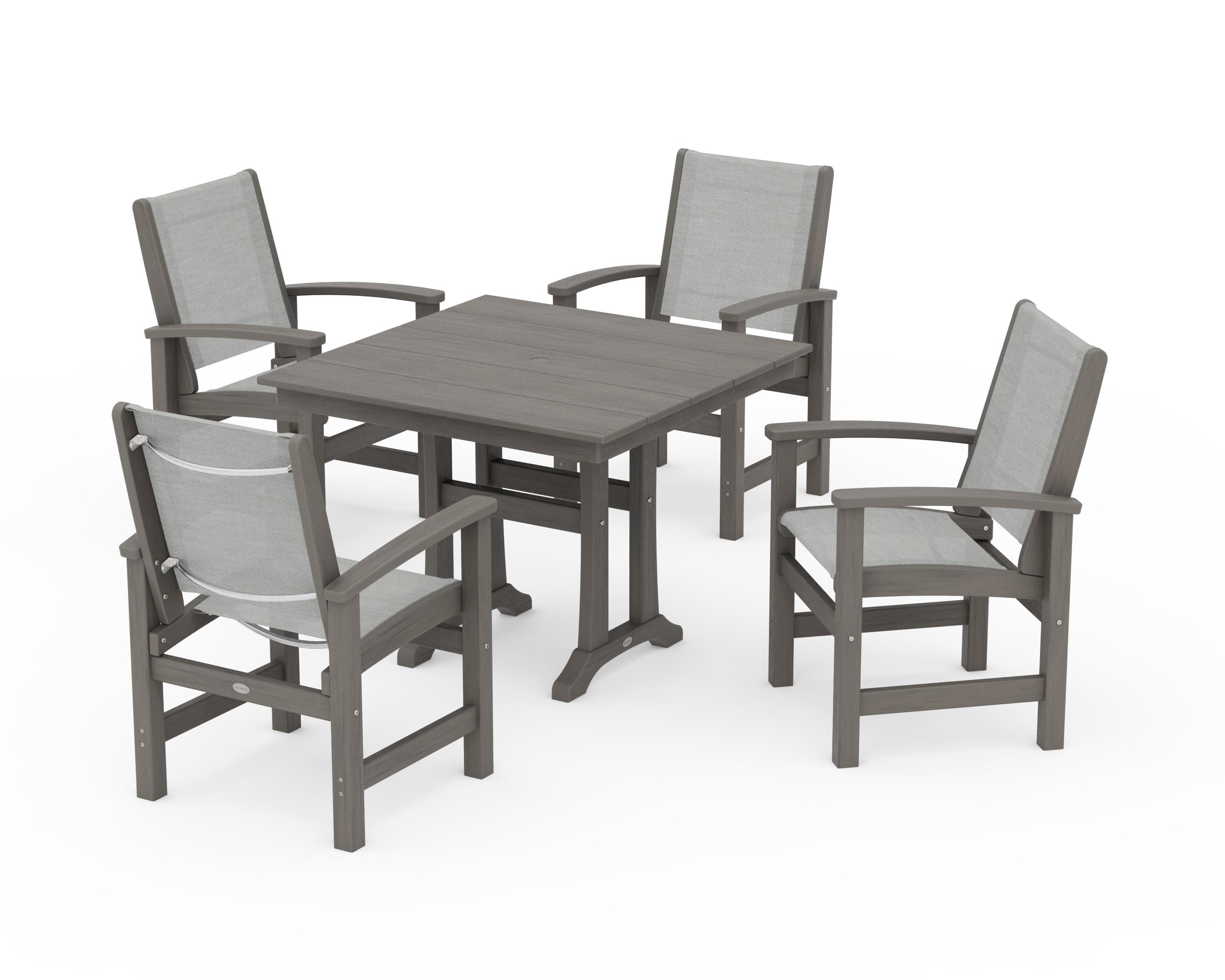 POLYWOOD Coastal 5-Piece Farmhouse Dining Set With Trestle Legs in Driftwood / Metallic Sling