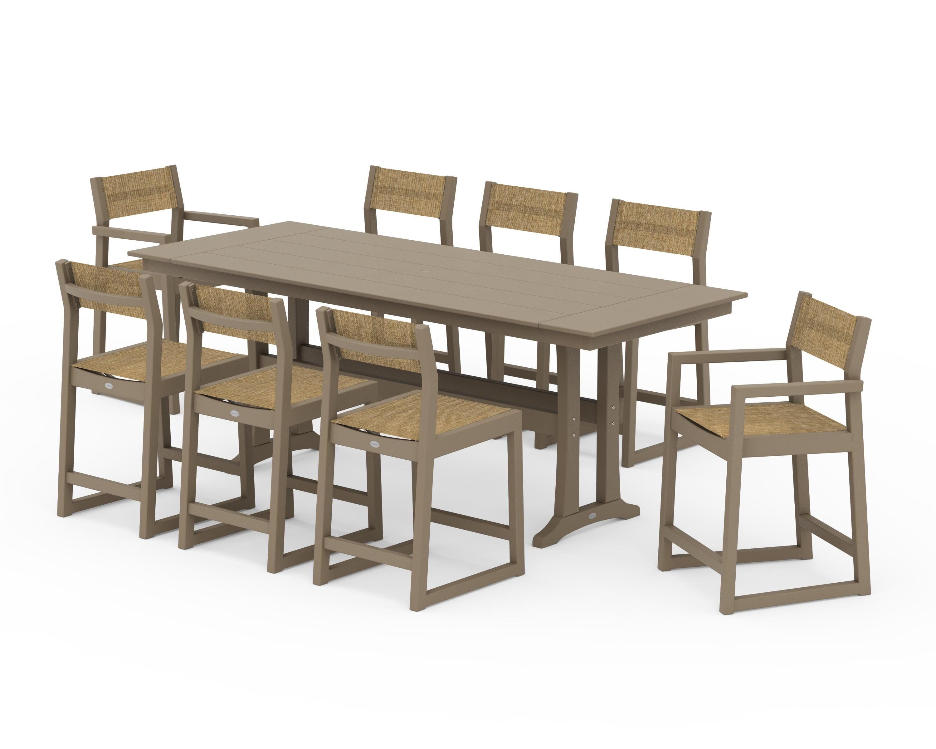 POLYWOOD EDGE Sling 9-Piece Farmhouse Counter Set with Trestle Legs in Vintage Sahara / Burlap Sling