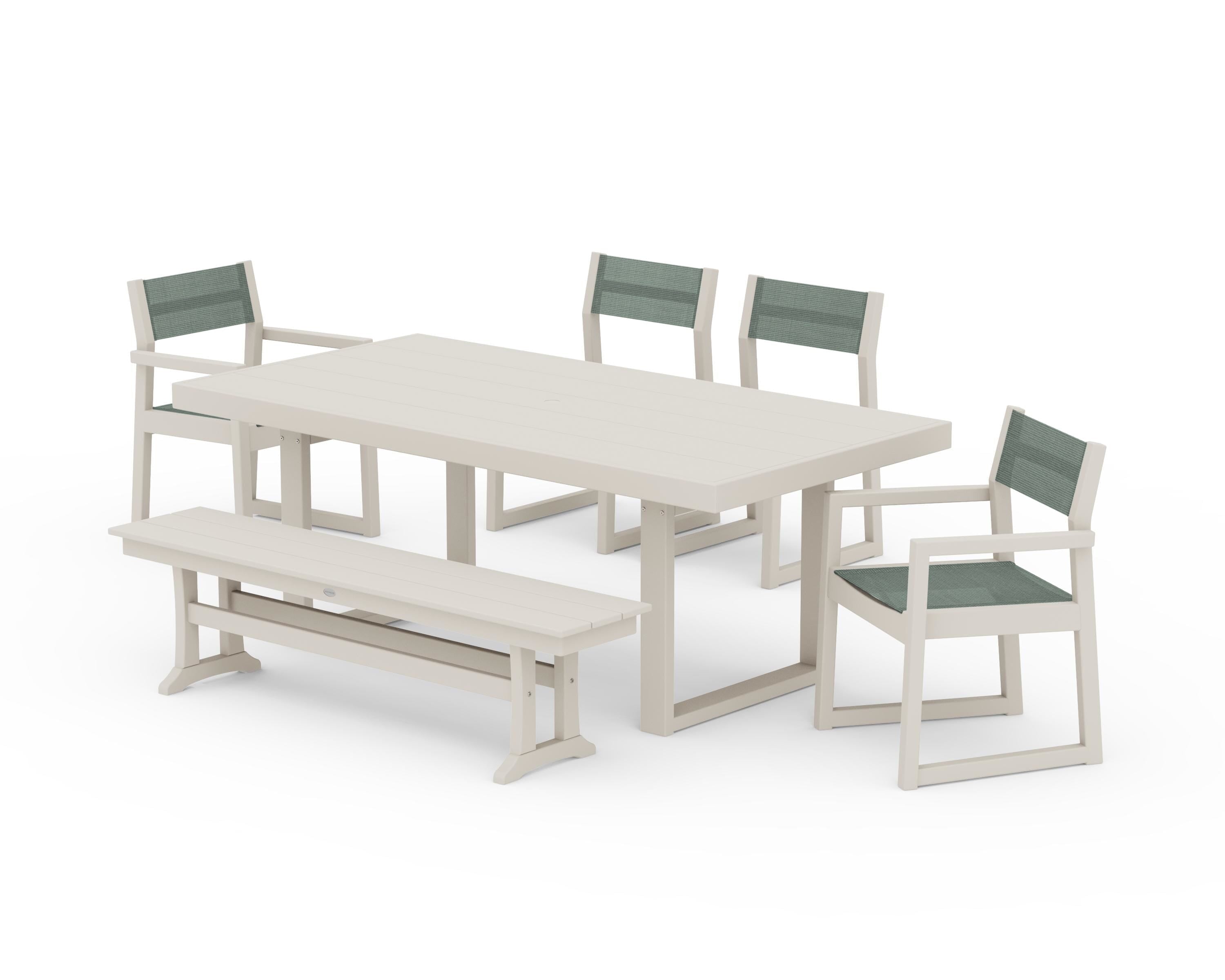 POLYWOOD EDGE Sling 6-Piece Dining Set with Bench in Sand / Dupioni Sea Mist Sling