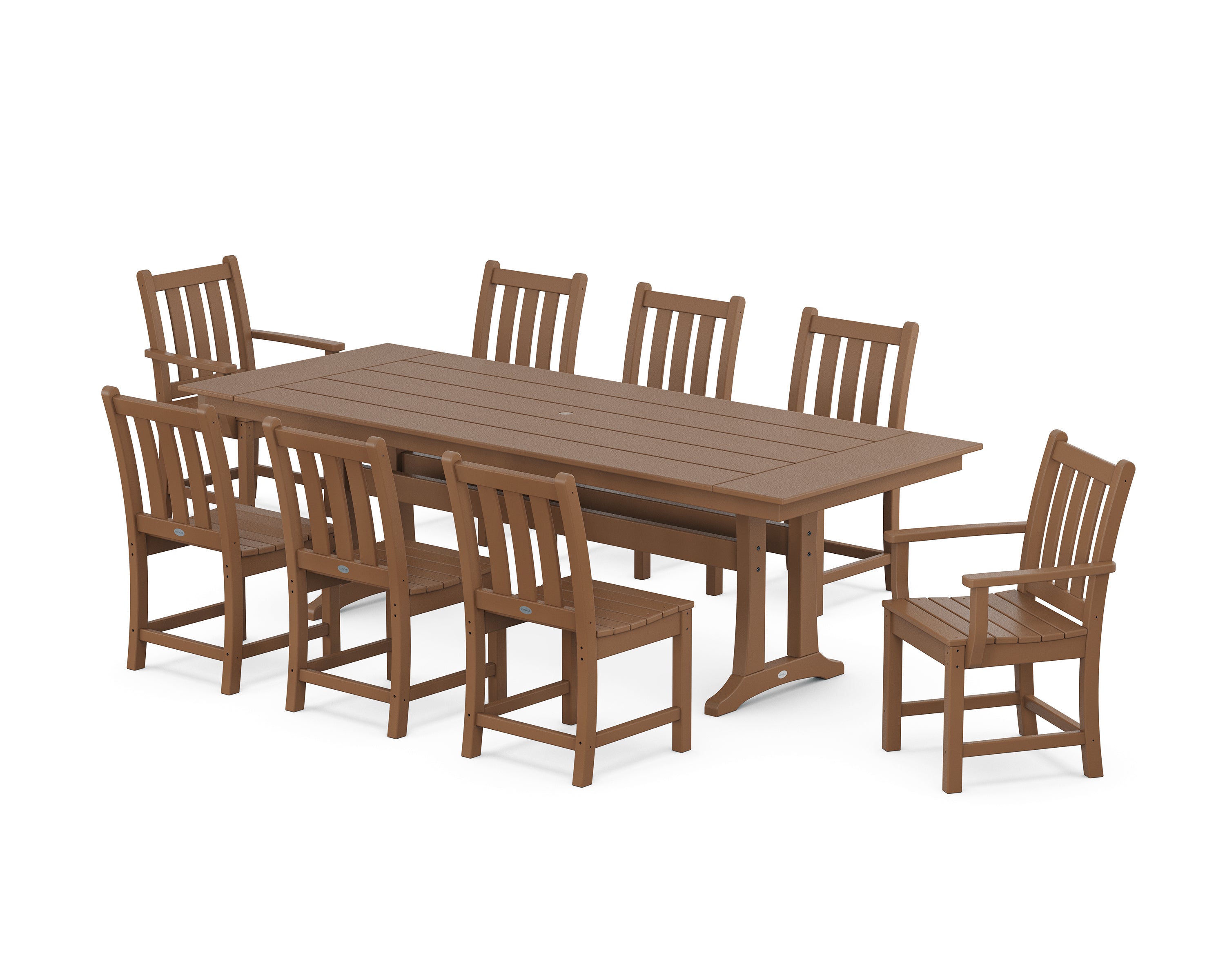 POLYWOOD® Traditional Garden 9-Piece Farmhouse Dining Set with Trestle Legs in Teak