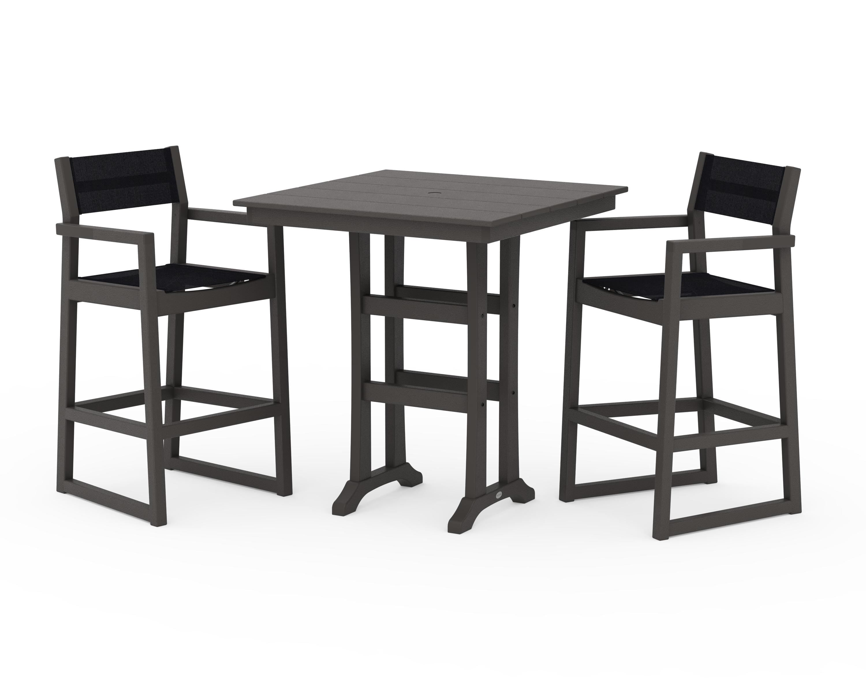 POLYWOOD EDGE Sling Arm Chair 3-Piece Farmhouse Bar Set with Trestle Legs in Vintage Coffee / Black Sling