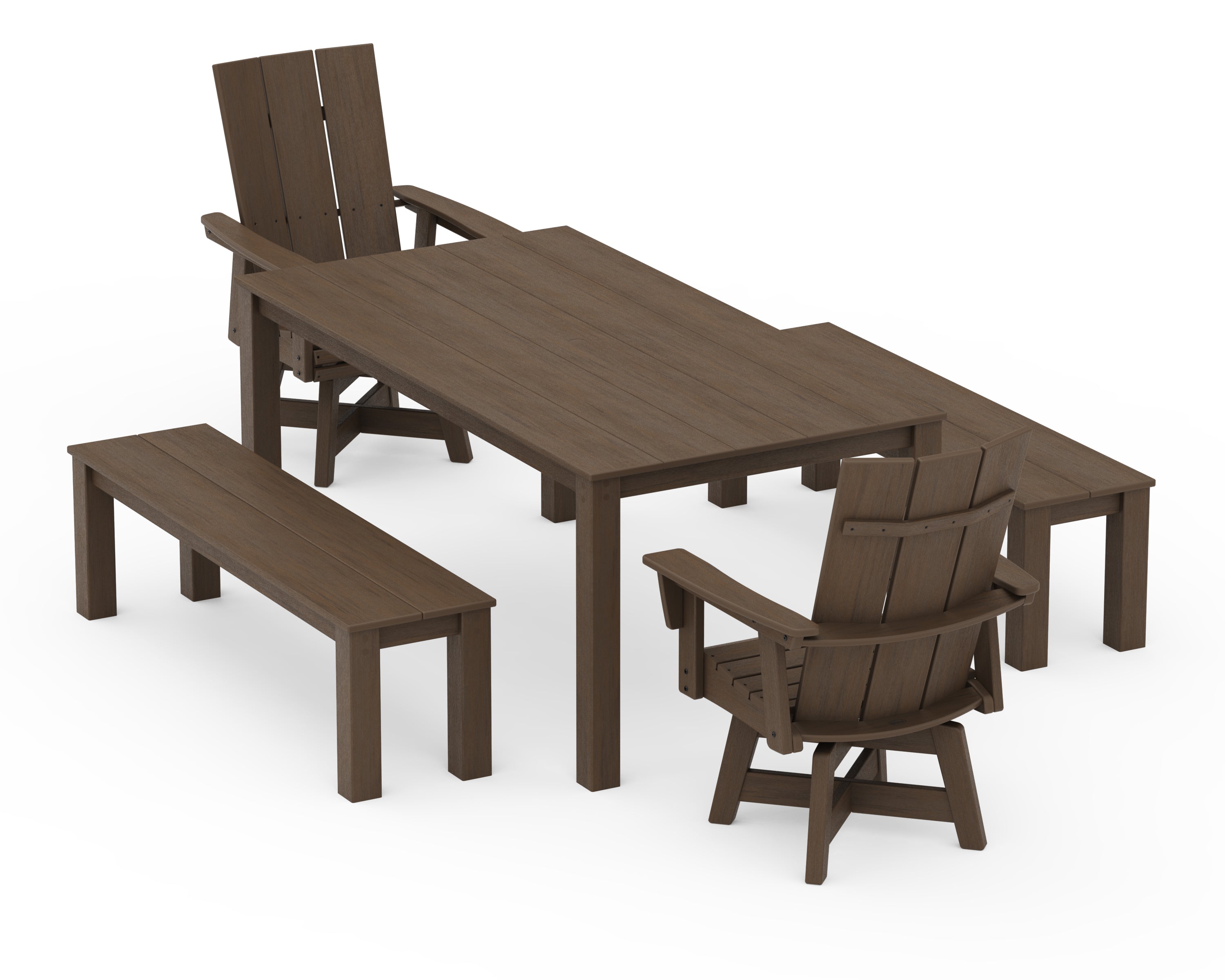 POLYWOOD Modern Curveback Adirondack 5-Piece Parsons Swivel Dining Set with Benches in Kona