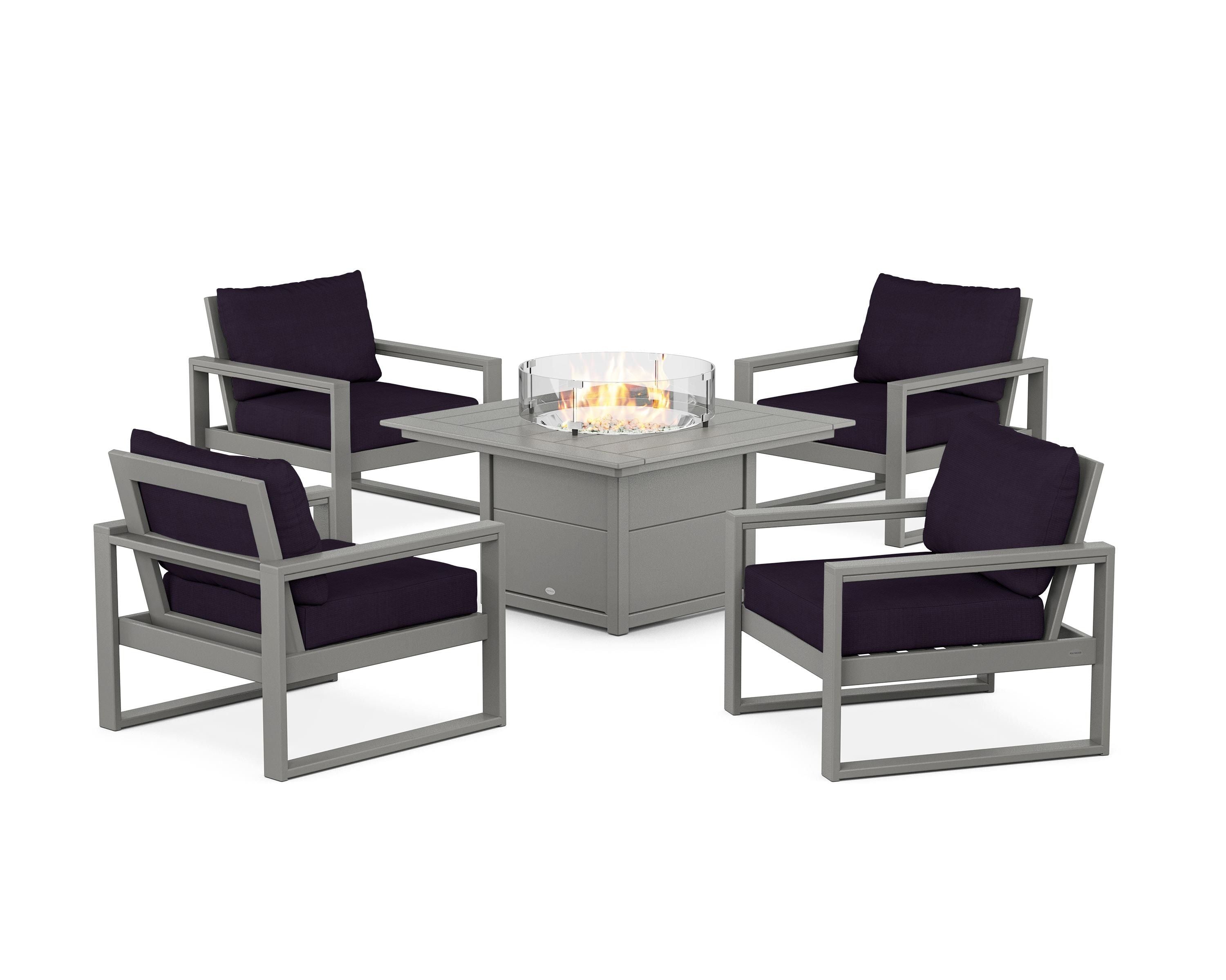 POLYWOOD EDGE Sectional 5-Piece Deep Seating Set with Fire Pit Table in Slate Grey / Navy Linen
