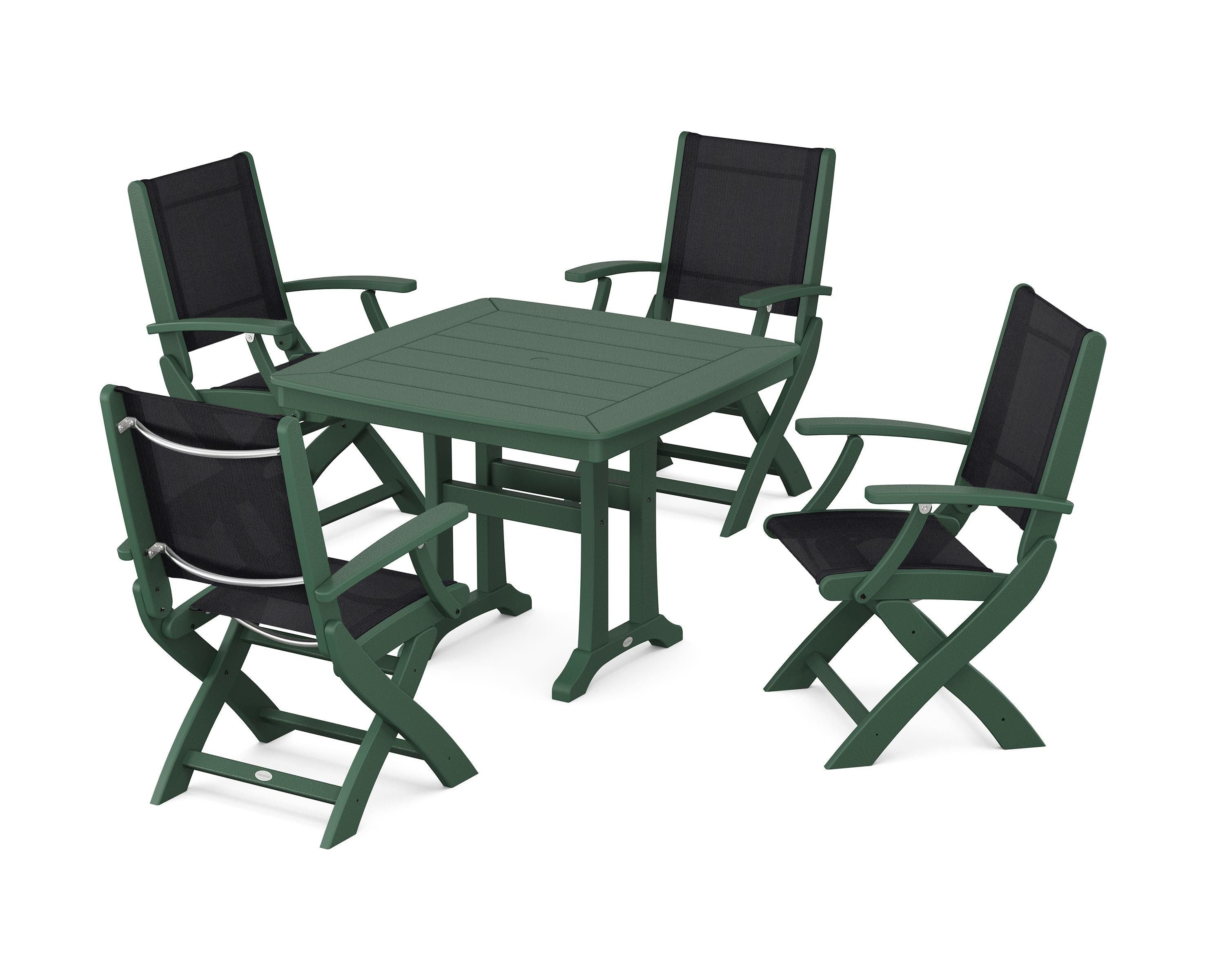 POLYWOOD Coastal Folding Chair 5-Piece Dining Set with Trestle Legs in Green / Black Sling