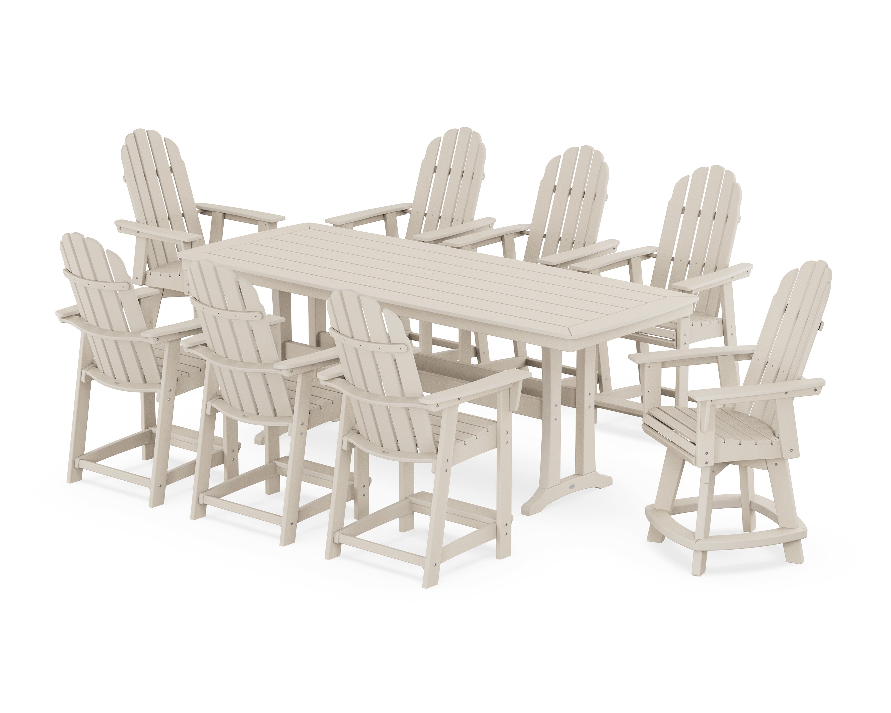 POLYWOOD® Vineyard Curveback Adirondack Swivel 9-Piece Counter Set with Trestle Legs in Sand