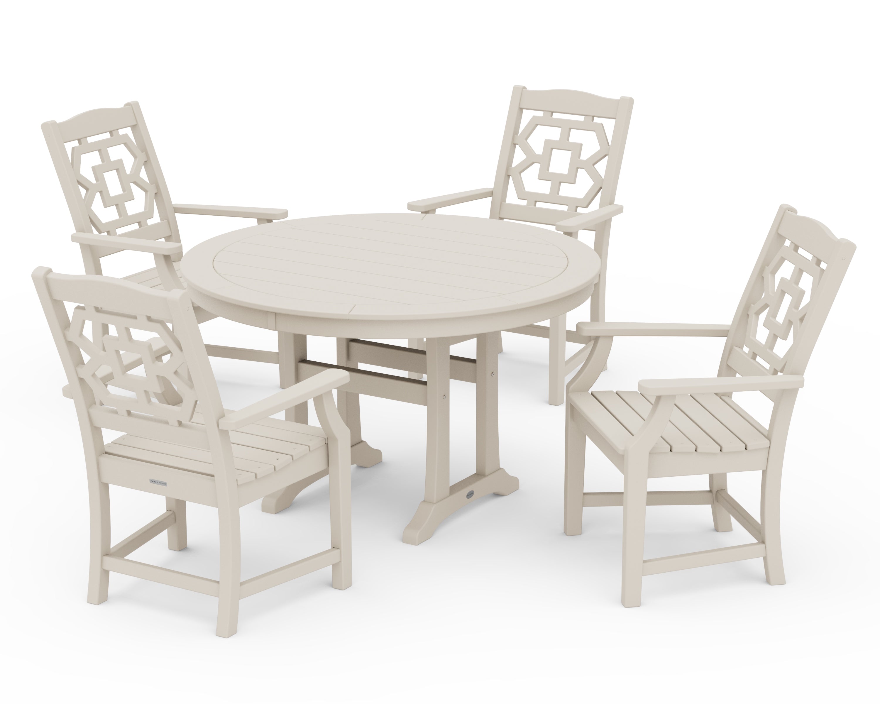 Martha Stewart by POLYWOOD Chinoiserie 5-Piece Round Dining Set with Trestle Legs in Sand
