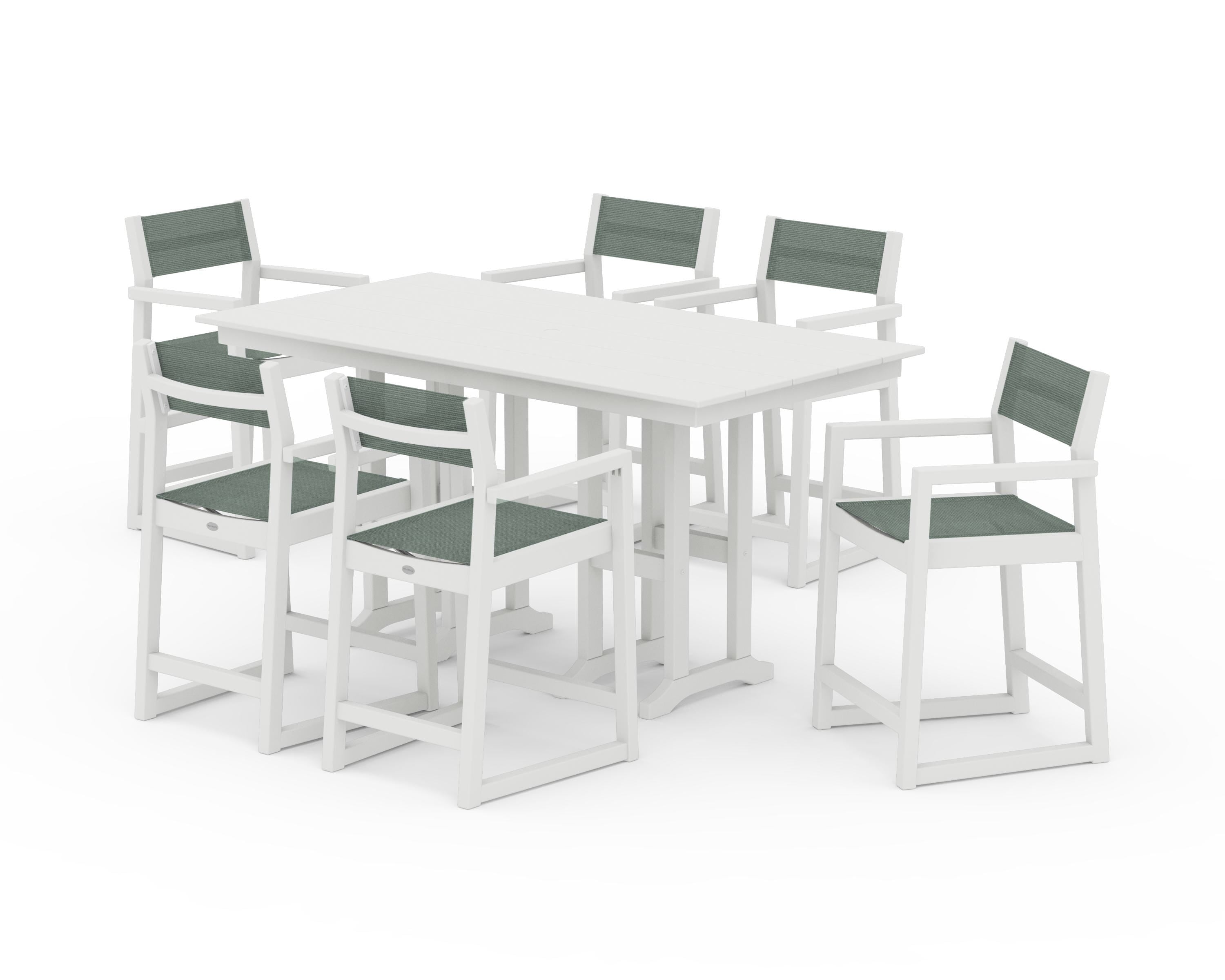 POLYWOOD EDGE Sling Arm Chair 7-Piece Farmhouse Counter Set in Vintage White / Dupioni Sea Mist Sling