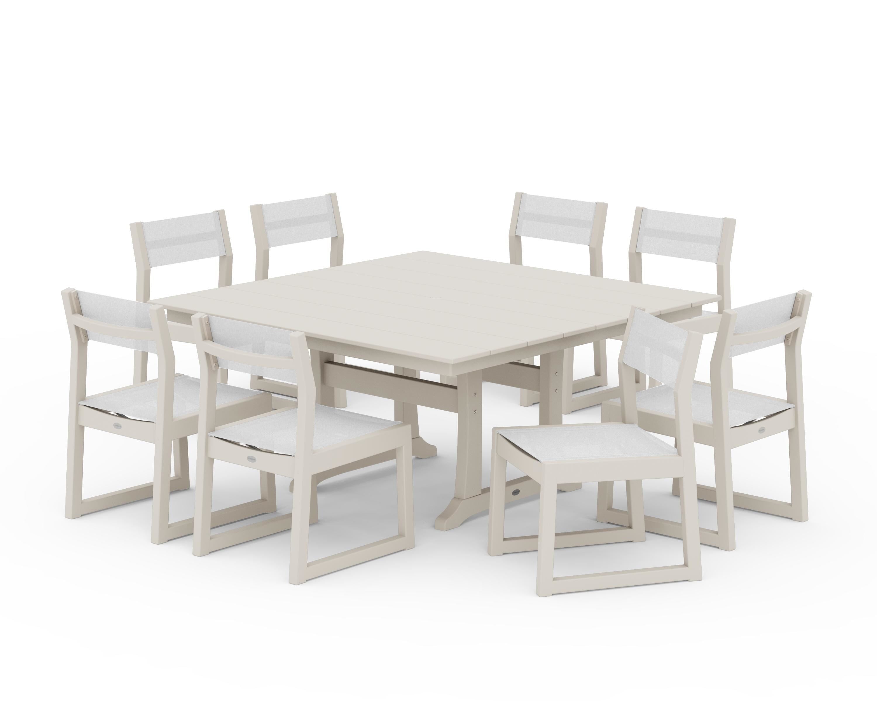 POLYWOOD EDGE Sling Side Chair 9-Piece Farmhouse Trestle Dining Set in Sand / White Sling