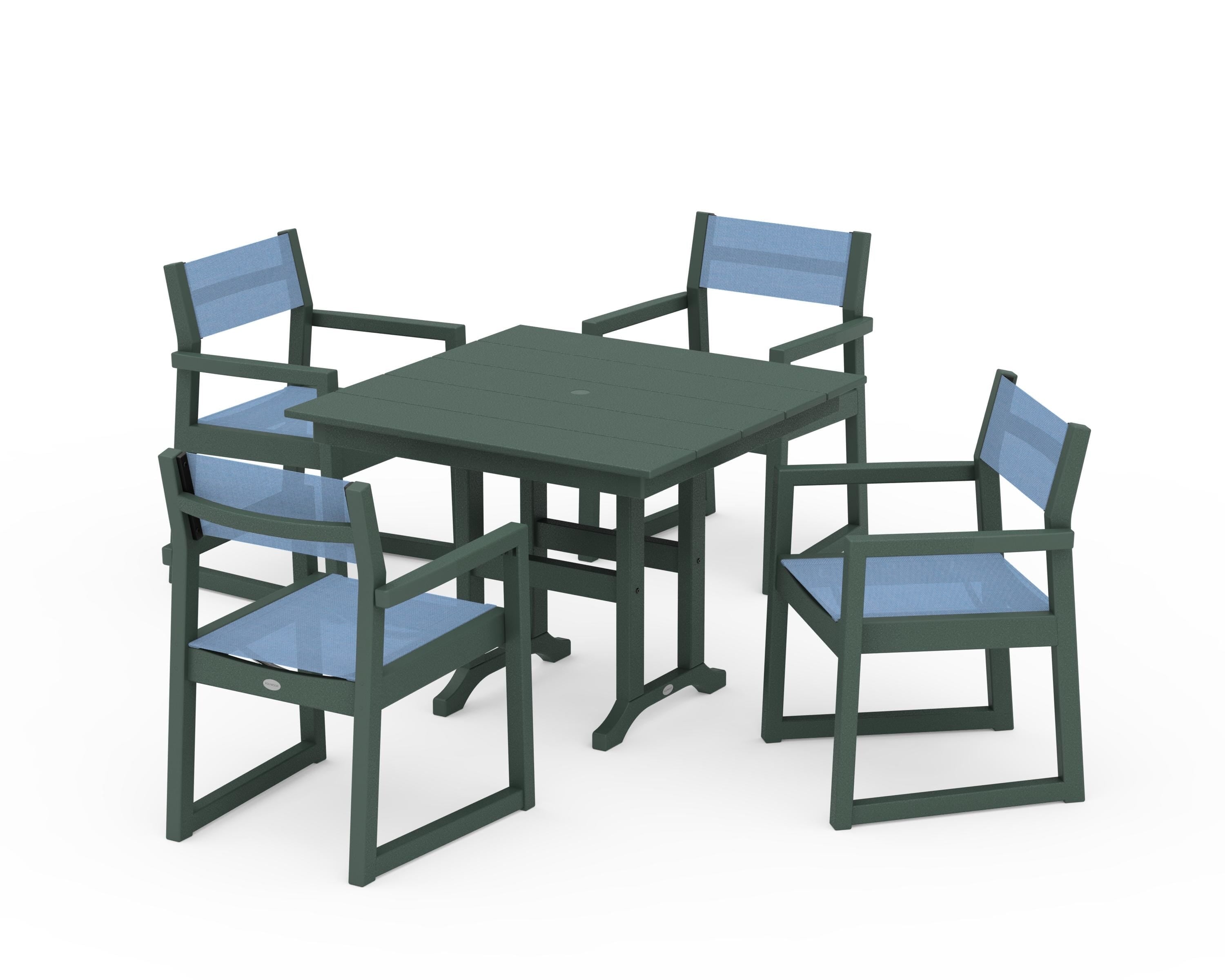 POLYWOOD EDGE Sling Arm Chair 5-Piece Farmhouse Dining Set in Green / Poolside Sling