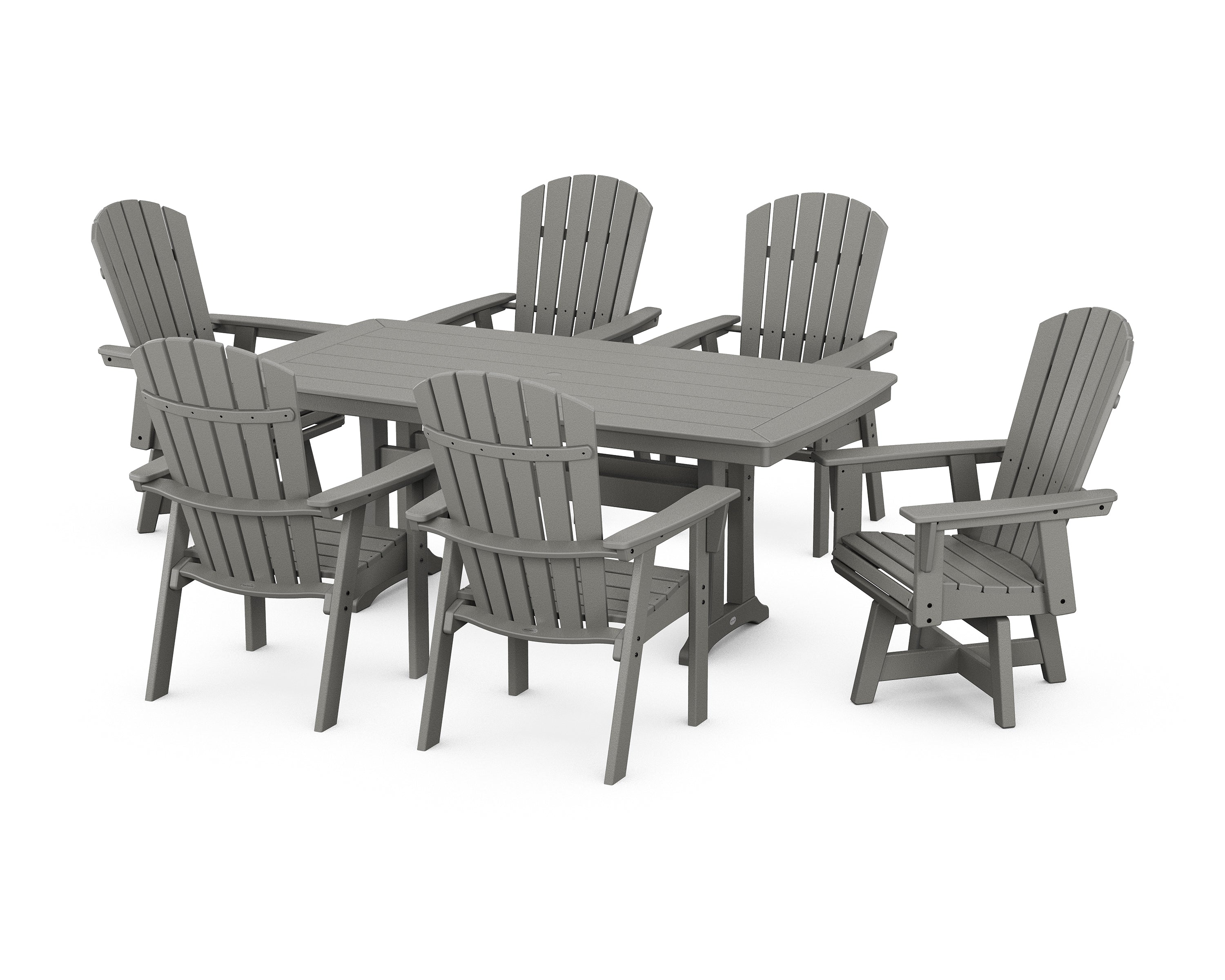 POLYWOOD Nautical Curveback Adirondack Swivel Chair 7-Piece Dining Set with Trestle Legs in Slate Grey