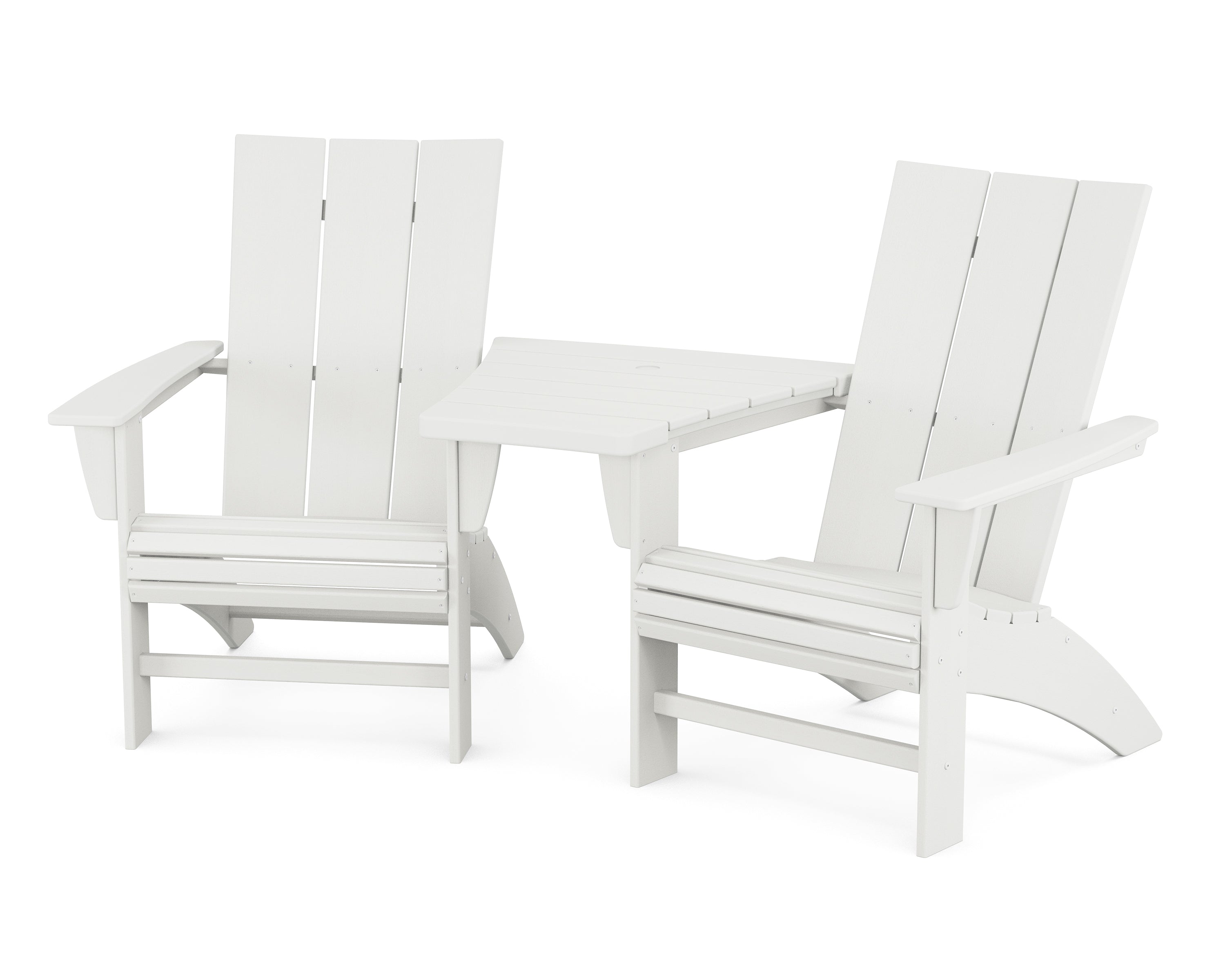 POLYWOOD® Modern 3-Piece Curveback Adirondack Set with Angled Connecting Table in Vintage White