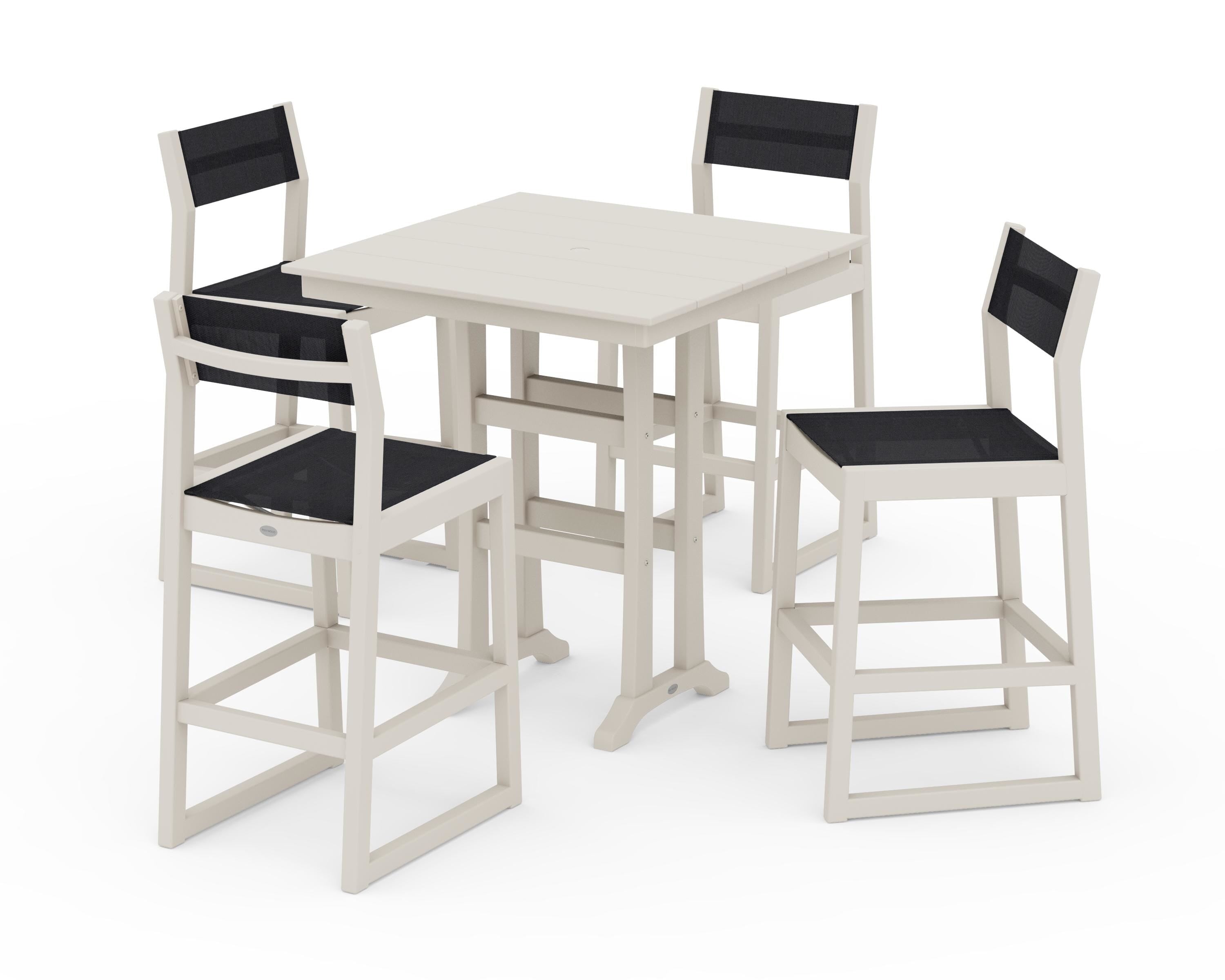 POLYWOOD EDGE Sling Arm Chair 5-Piece Farmhouse Bar Set with Trestle Legs in Sand / Black Sling