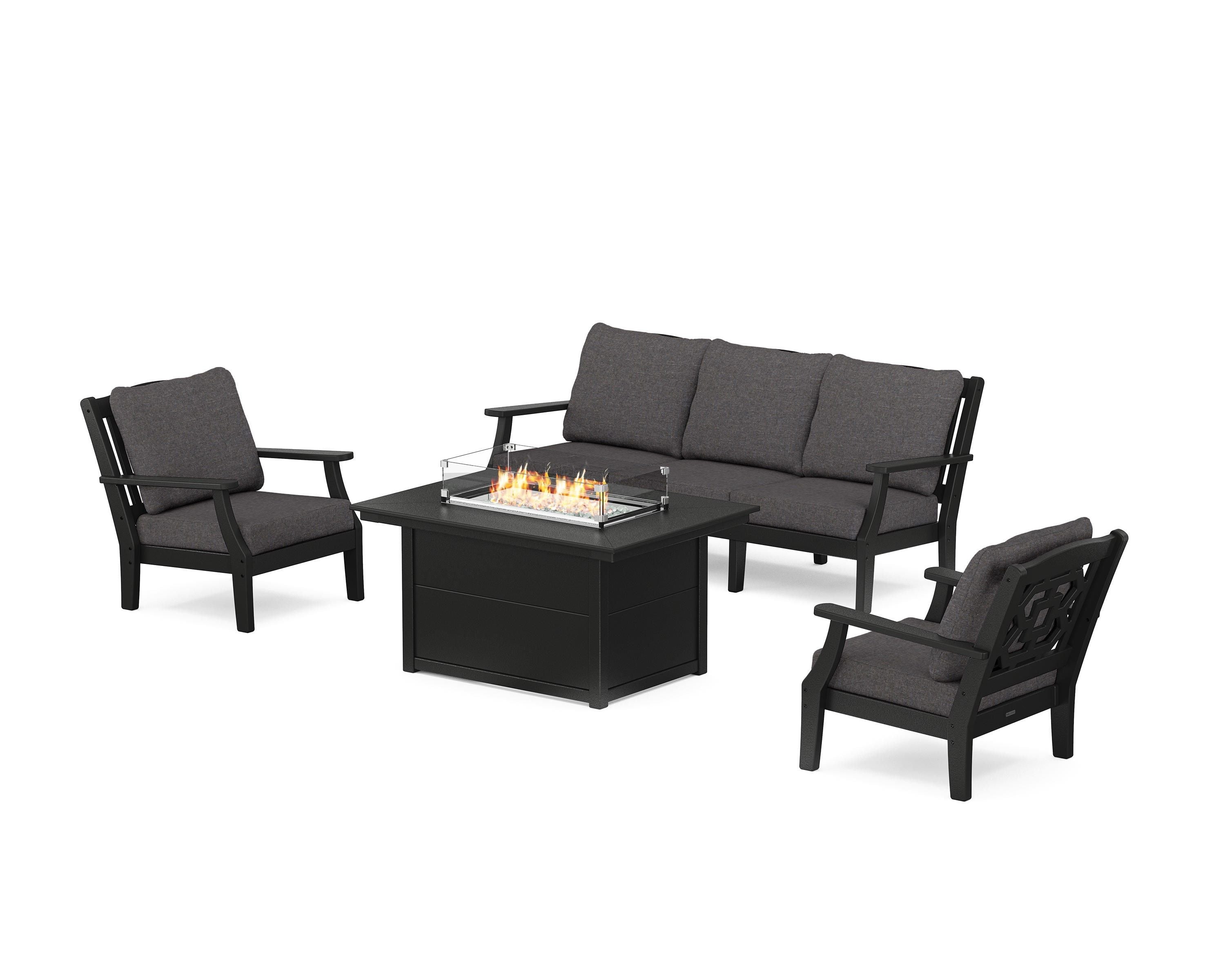 Martha Stewart by POLYWOOD Chinoiserie Deep Seating Fire Pit Table Set in Black / Ash Charcoal