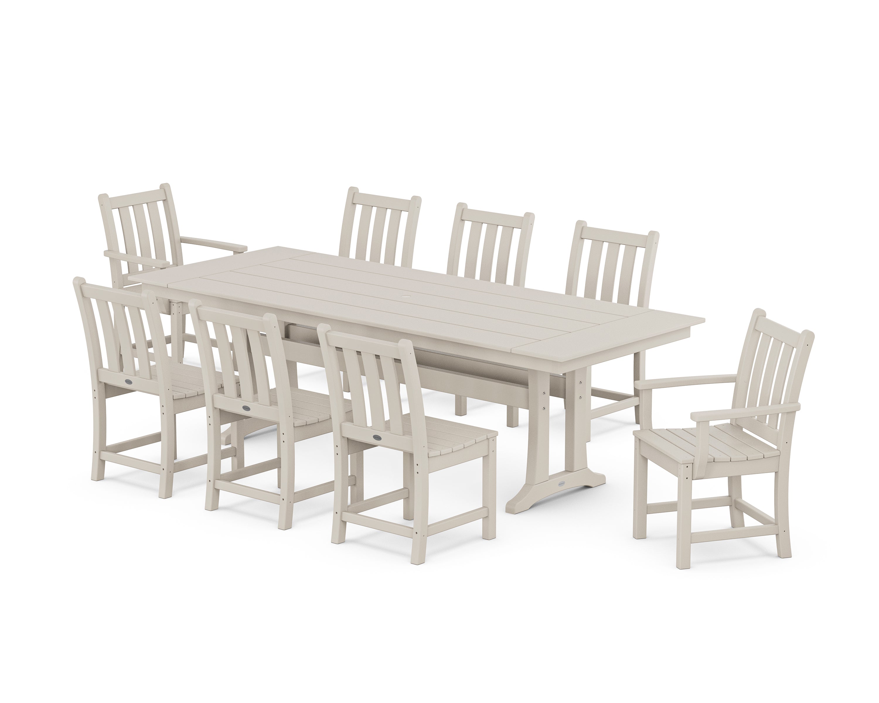 POLYWOOD Traditional Garden 9-Piece Farmhouse Dining Set with Trestle Legs in Sand