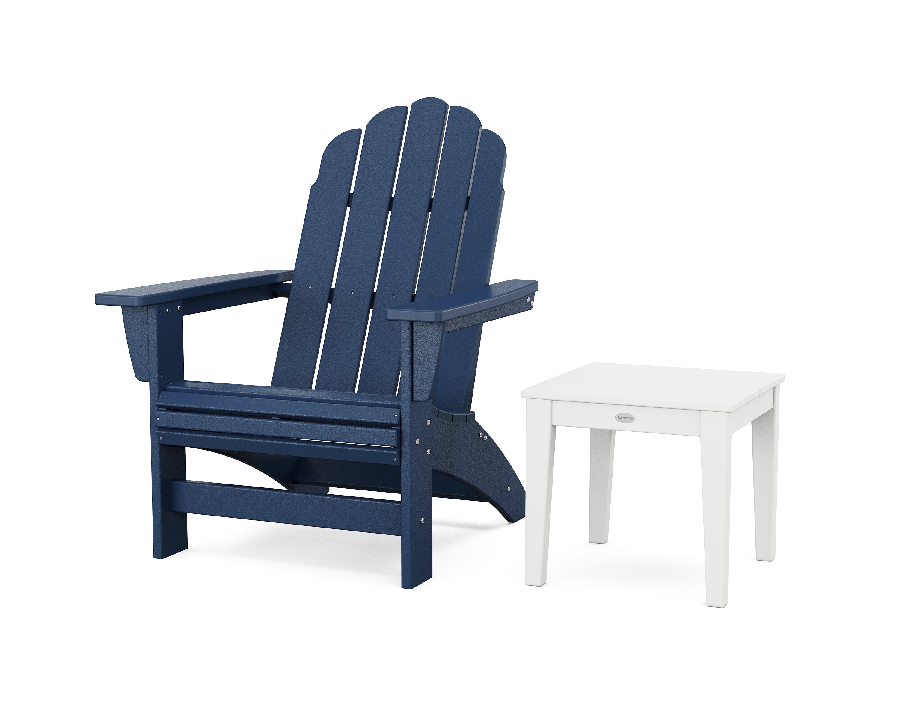 POLYWOOD Vineyard Grand Adirondack Chair with Side Table in Navy / White
