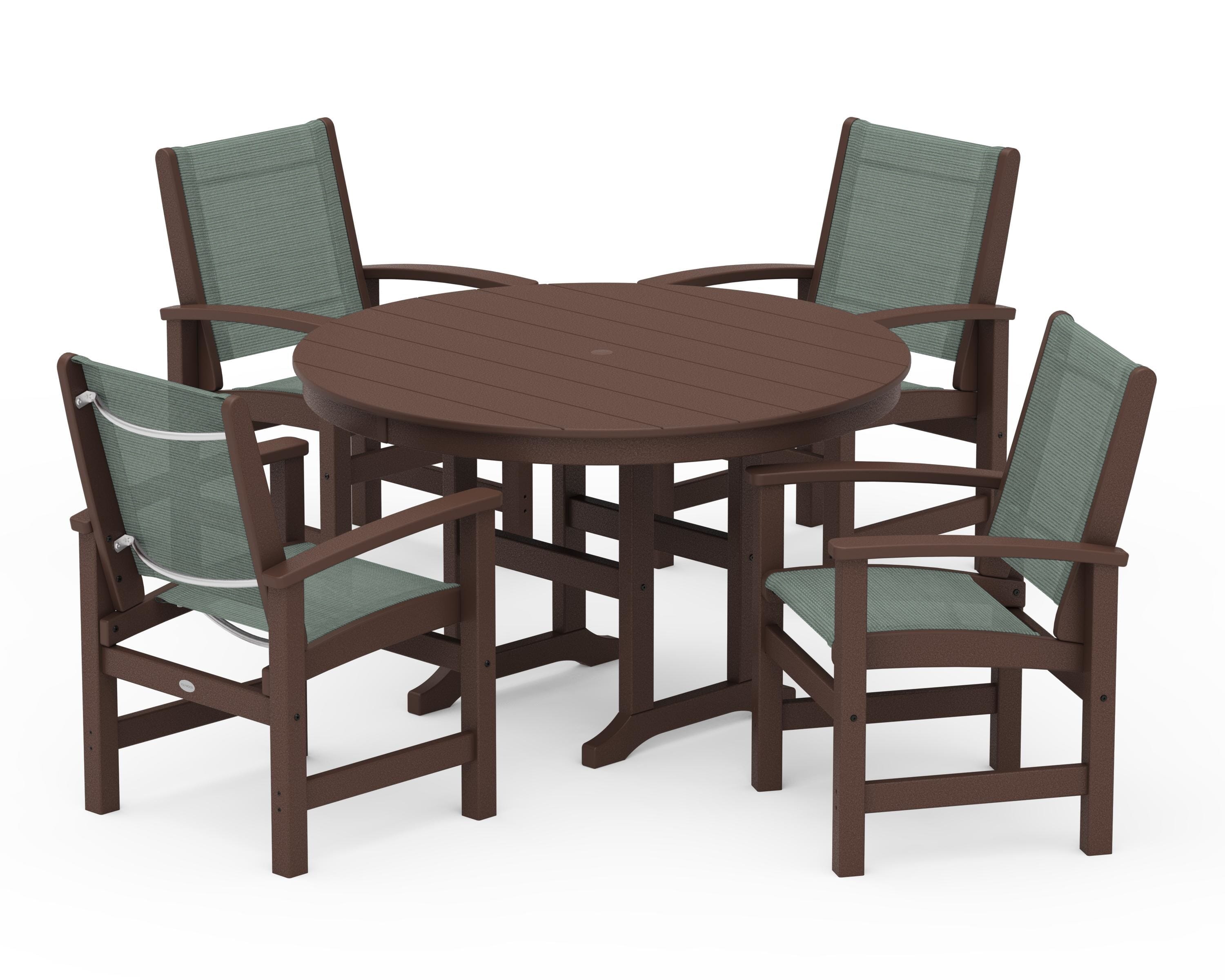 POLYWOOD Coastal 5-Piece Round Farmhouse Dining Set in Mahogany / Dupioni Sea Mist Sling