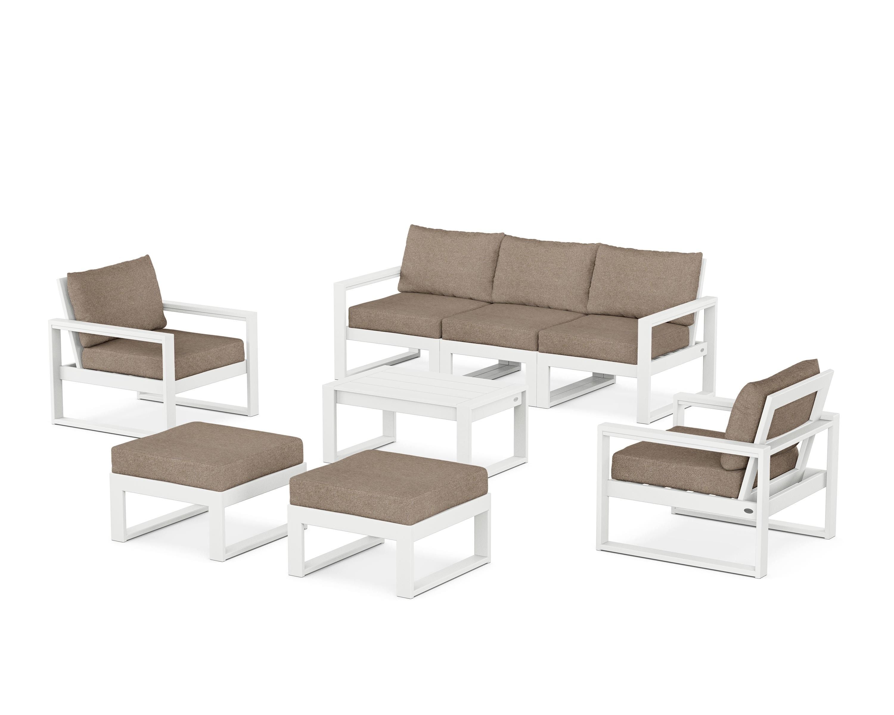 POLYWOOD EDGE Sectional 8-Piece Lounge Sofa Set in White / Spiced Burlap
