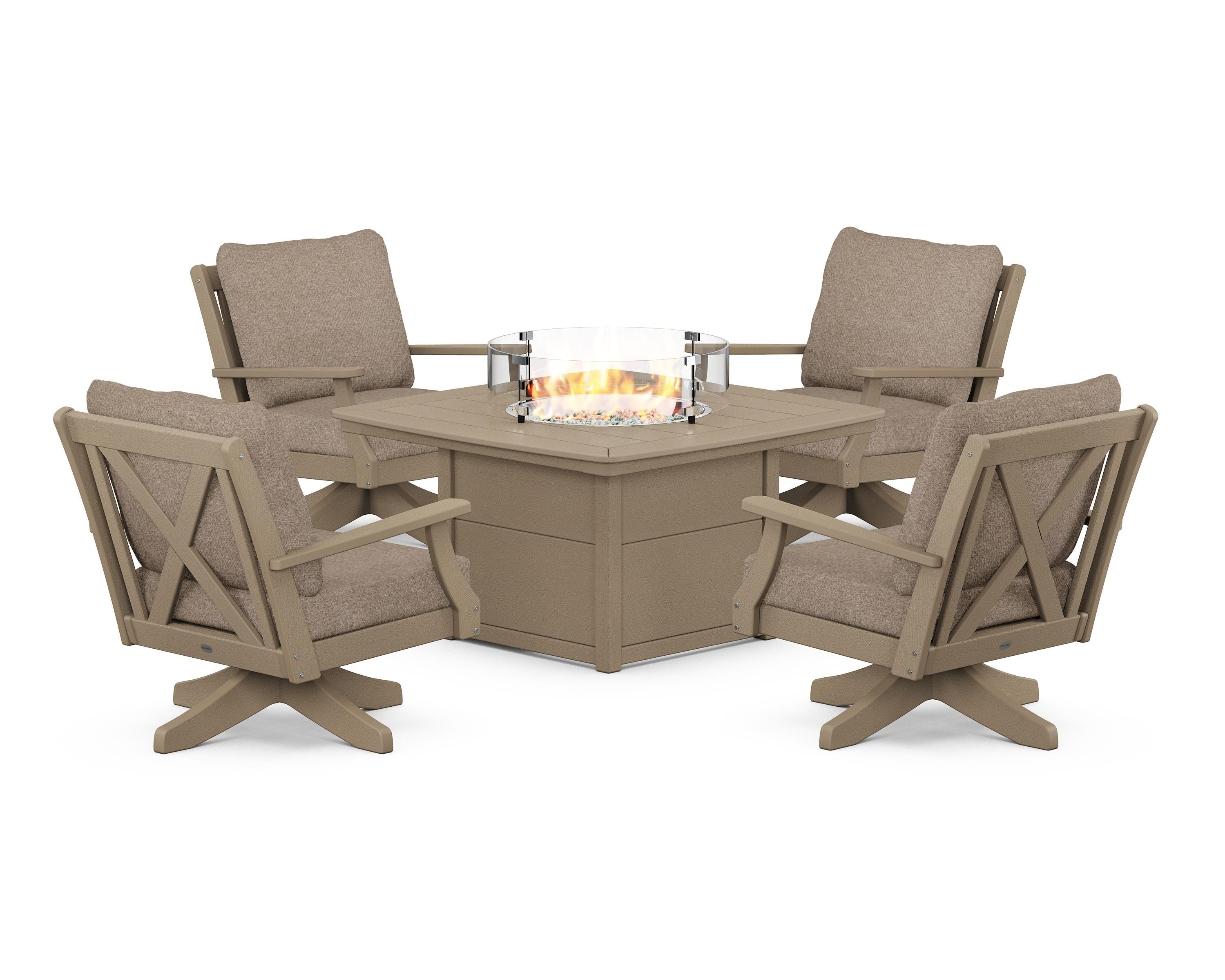 POLYWOOD Braxton 5-Piece Deep Seating Swivel Conversation Set with Fire Pit Table in Vintage Sahara / Spiced Burlap