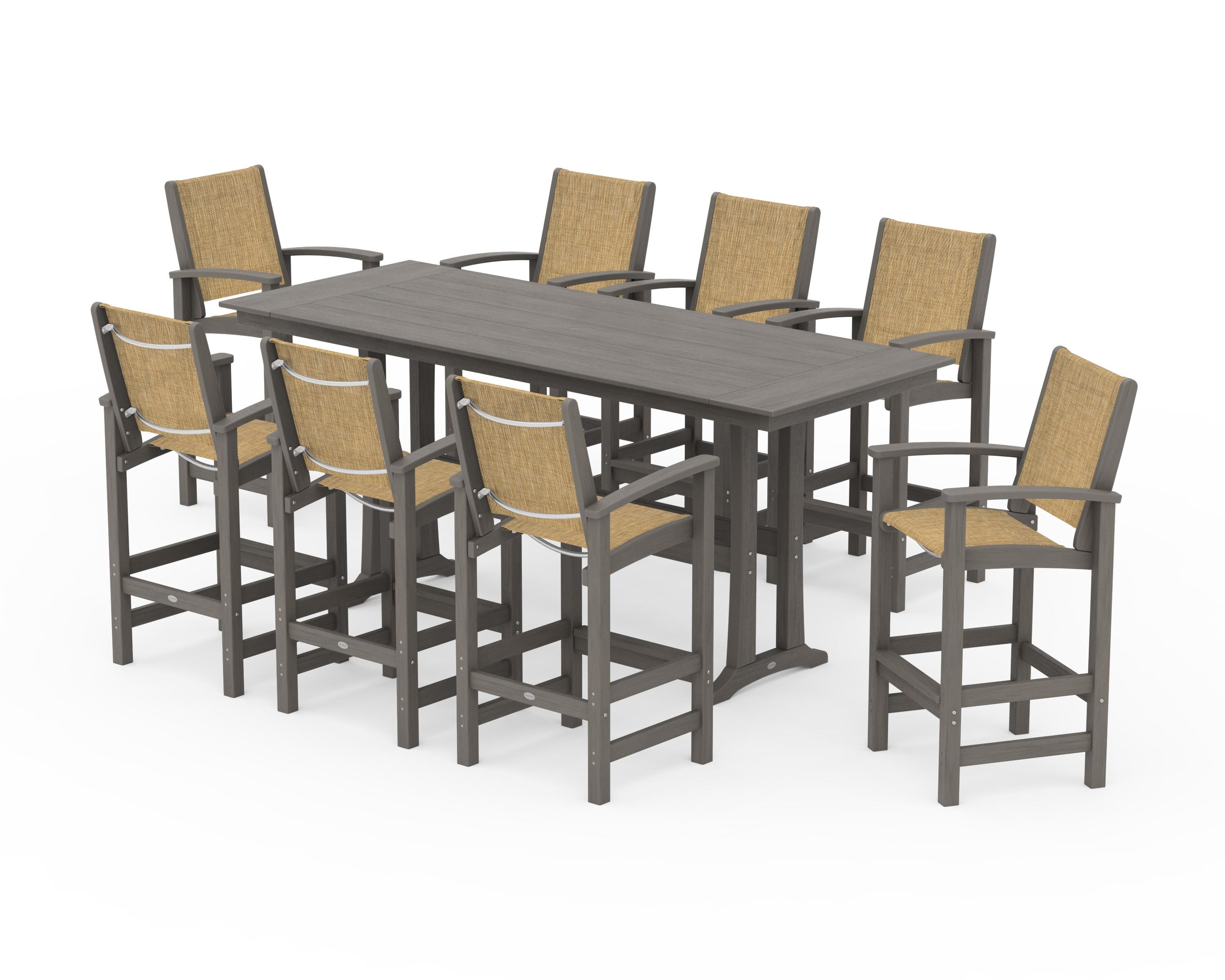 POLYWOOD Coastal 9-Piece Farmhouse Bar Set with Trestle Legs in Driftwood / Burlap Sling