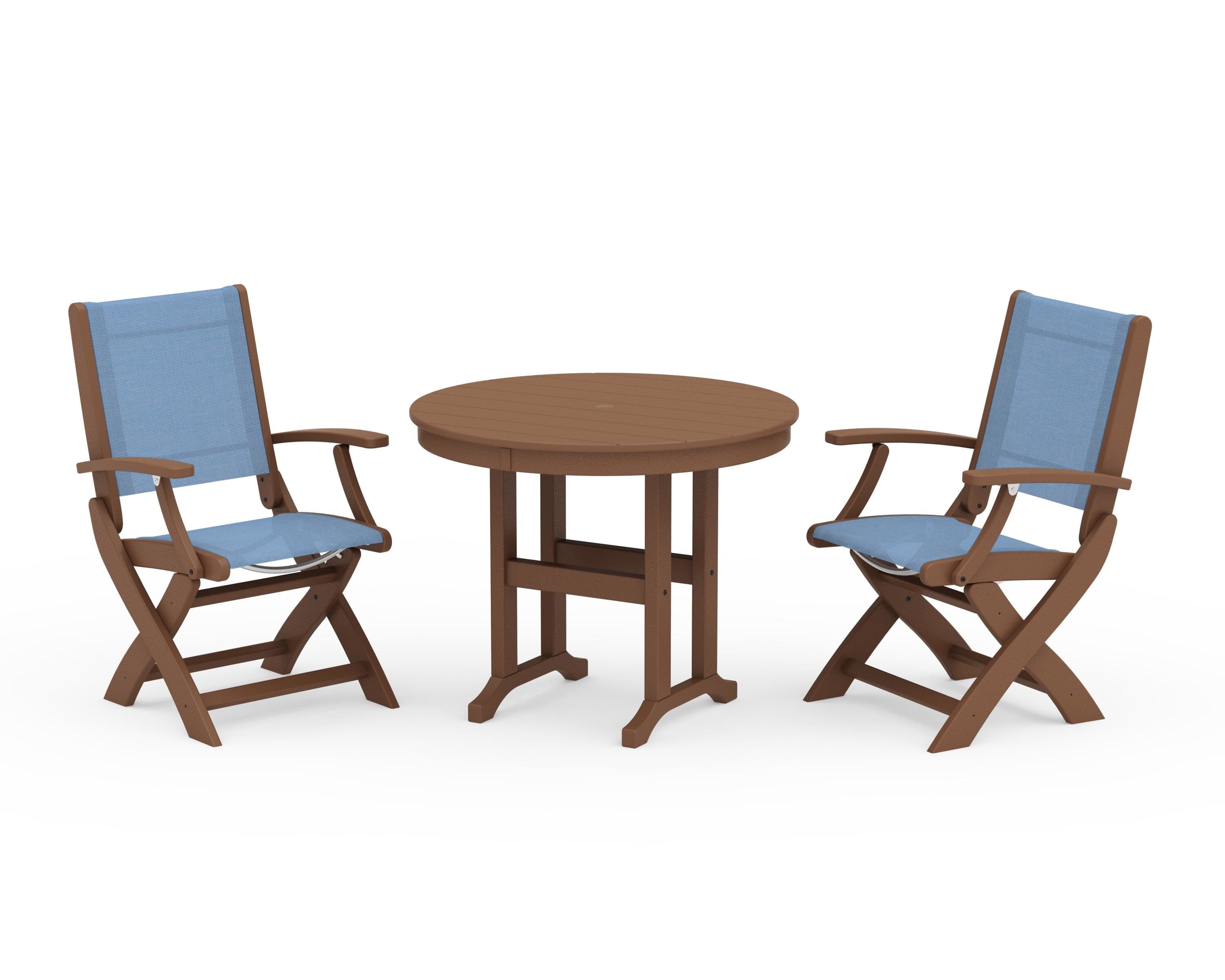 POLYWOOD Coastal Folding Chair 3-Piece Round Dining Set in Teak / Poolside Sling