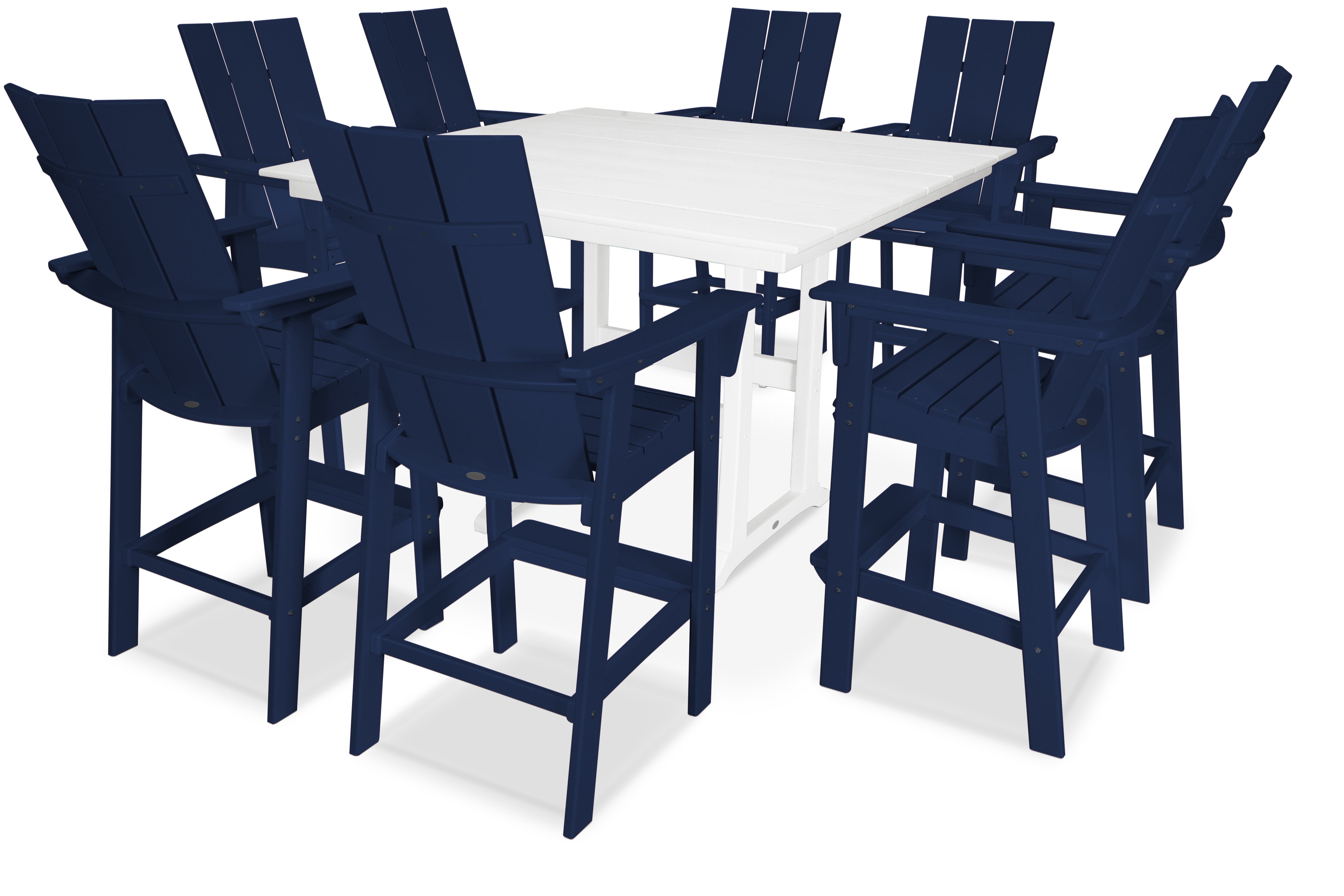POLYWOOD® Modern Curveback Adirondack 9-Piece Farmhouse Trestle Bar Set in Navy / White