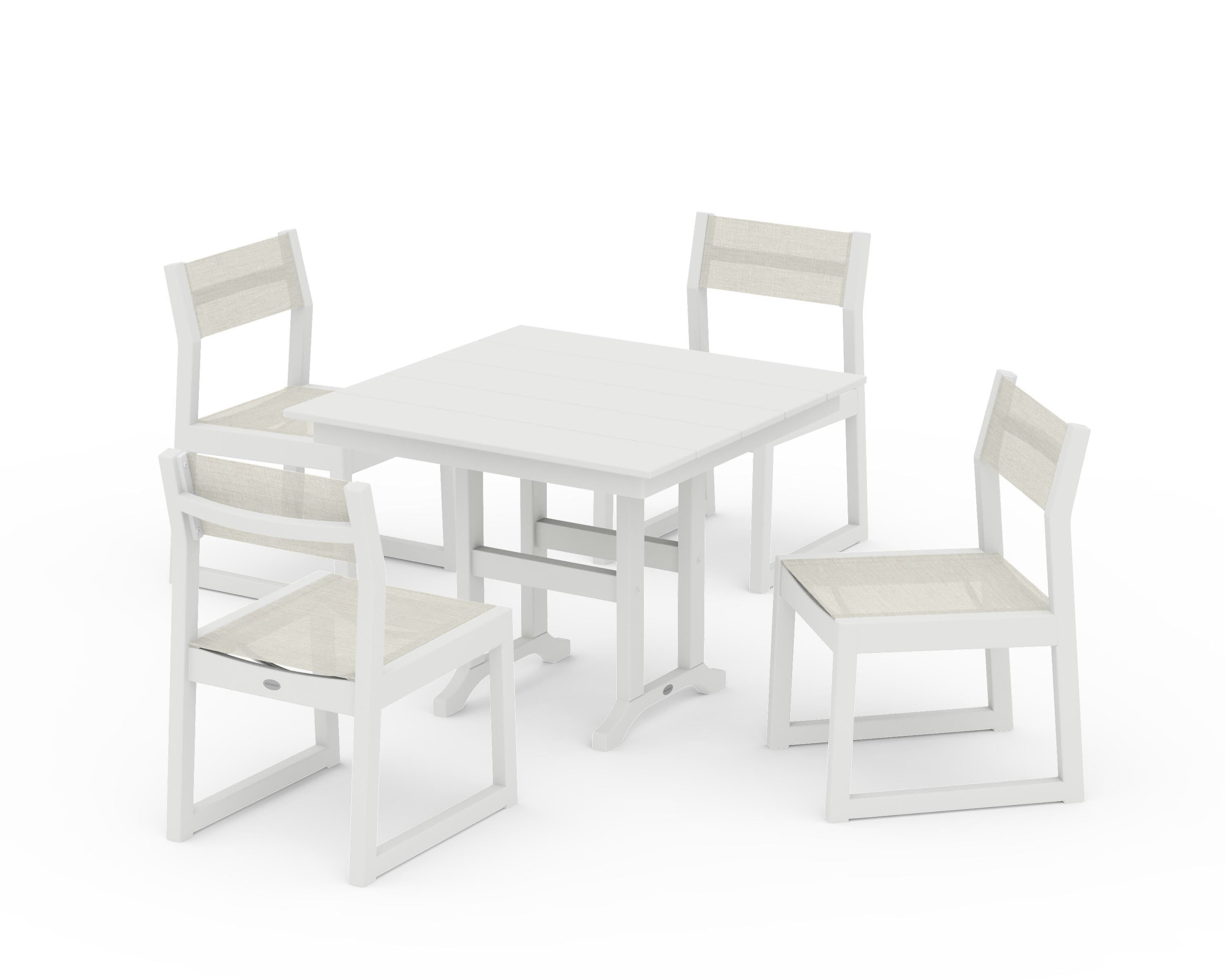 POLYWOOD EDGE Sling Side Chair 5-Piece Farmhouse Dining Set in Vintage White / Parchment Sling